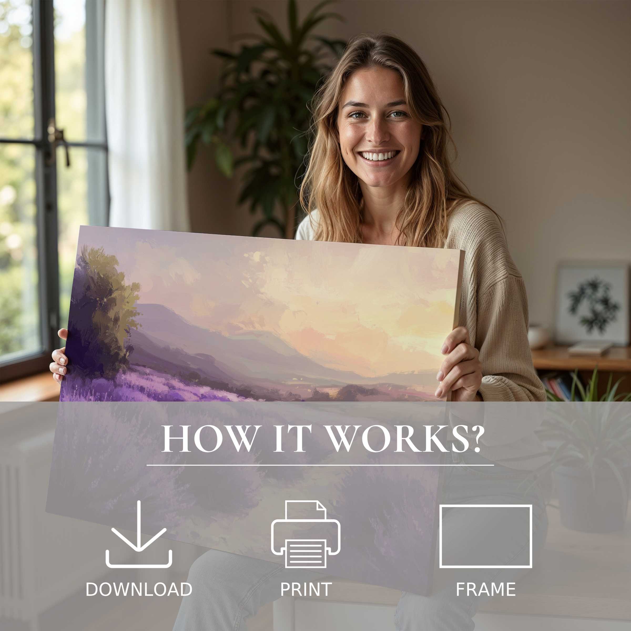 Elegant summer digital art print glowing with warm hues, embraced within a chic home for inspired living and effortless style