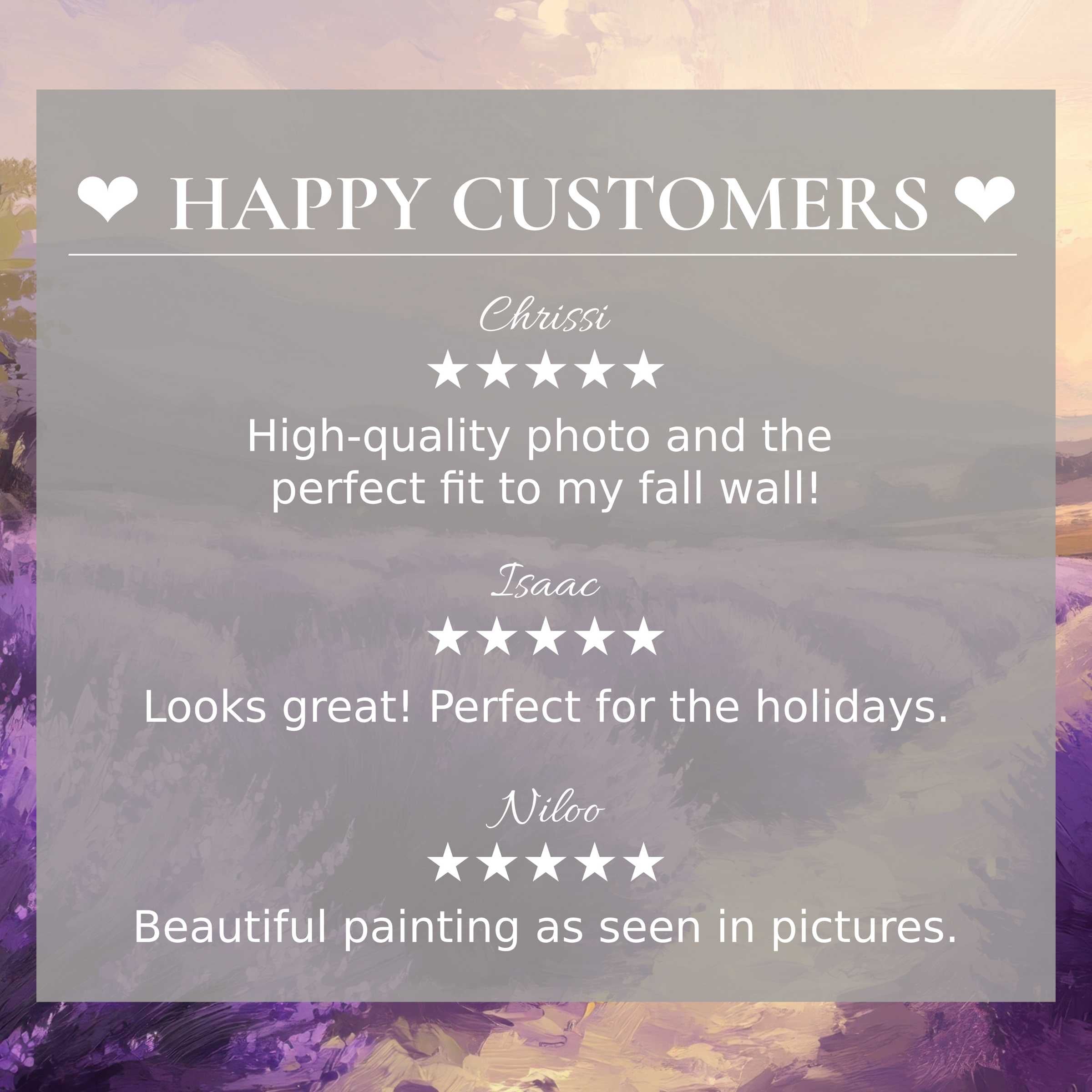 Summer art for Frame TV with abstract sunset hues, featuring happy customer reviews that inspire trust and elegance