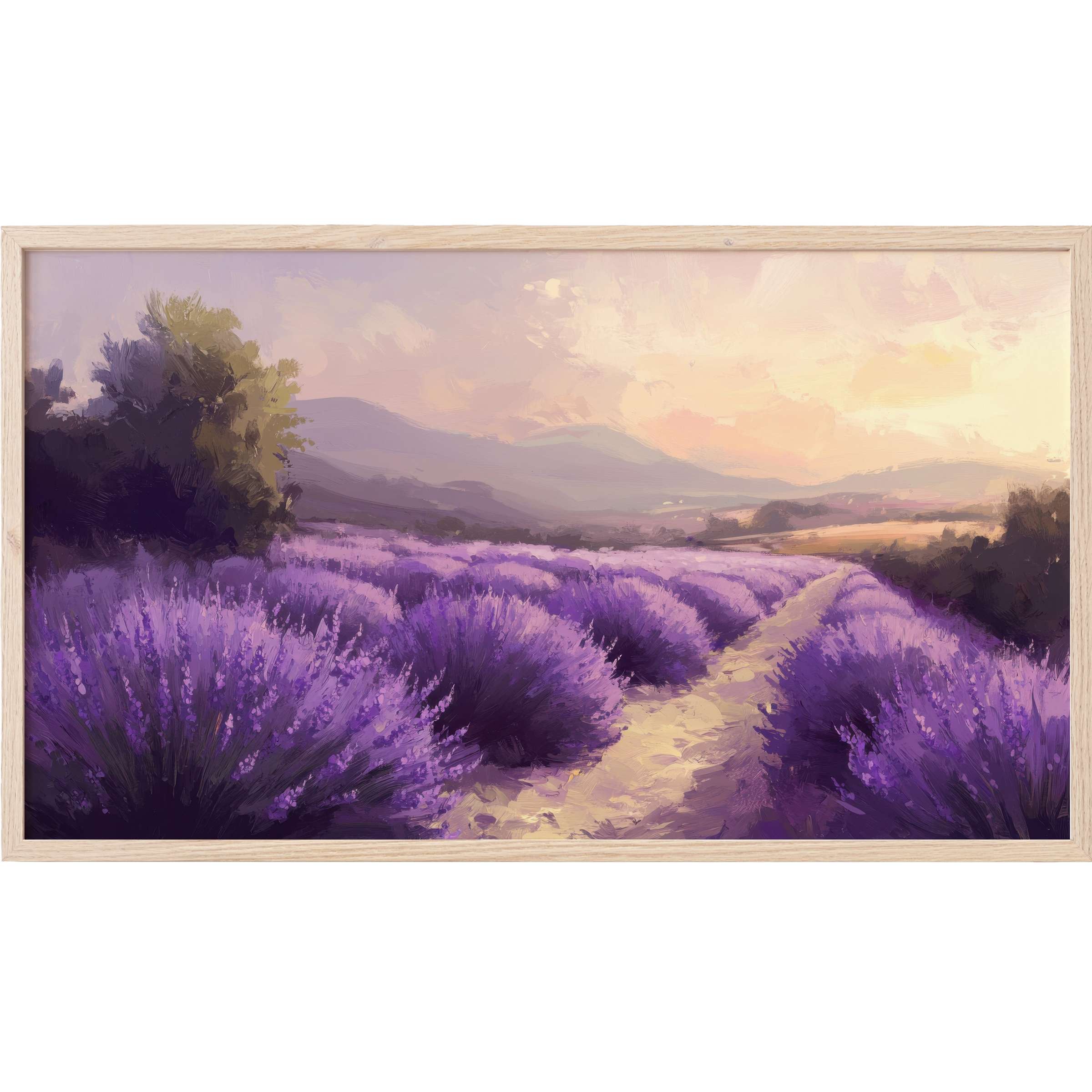 Elegant lavender fields bathed in soft sunset hues, rendered in impressionist style for summer Frame TV Art