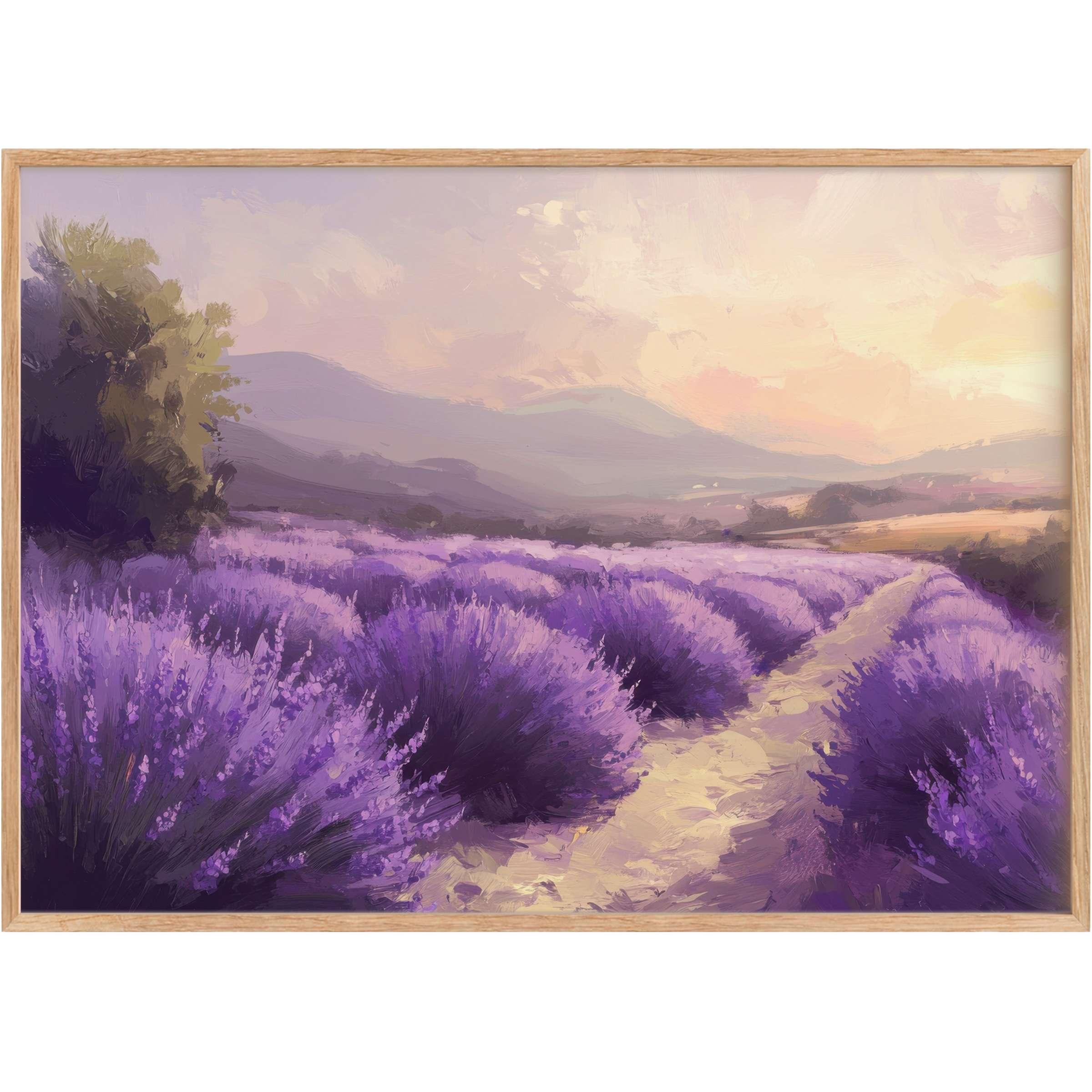 Lavender fields bathed in golden sunset hues evoke serene warmth and natural elegance in summer printable wall art