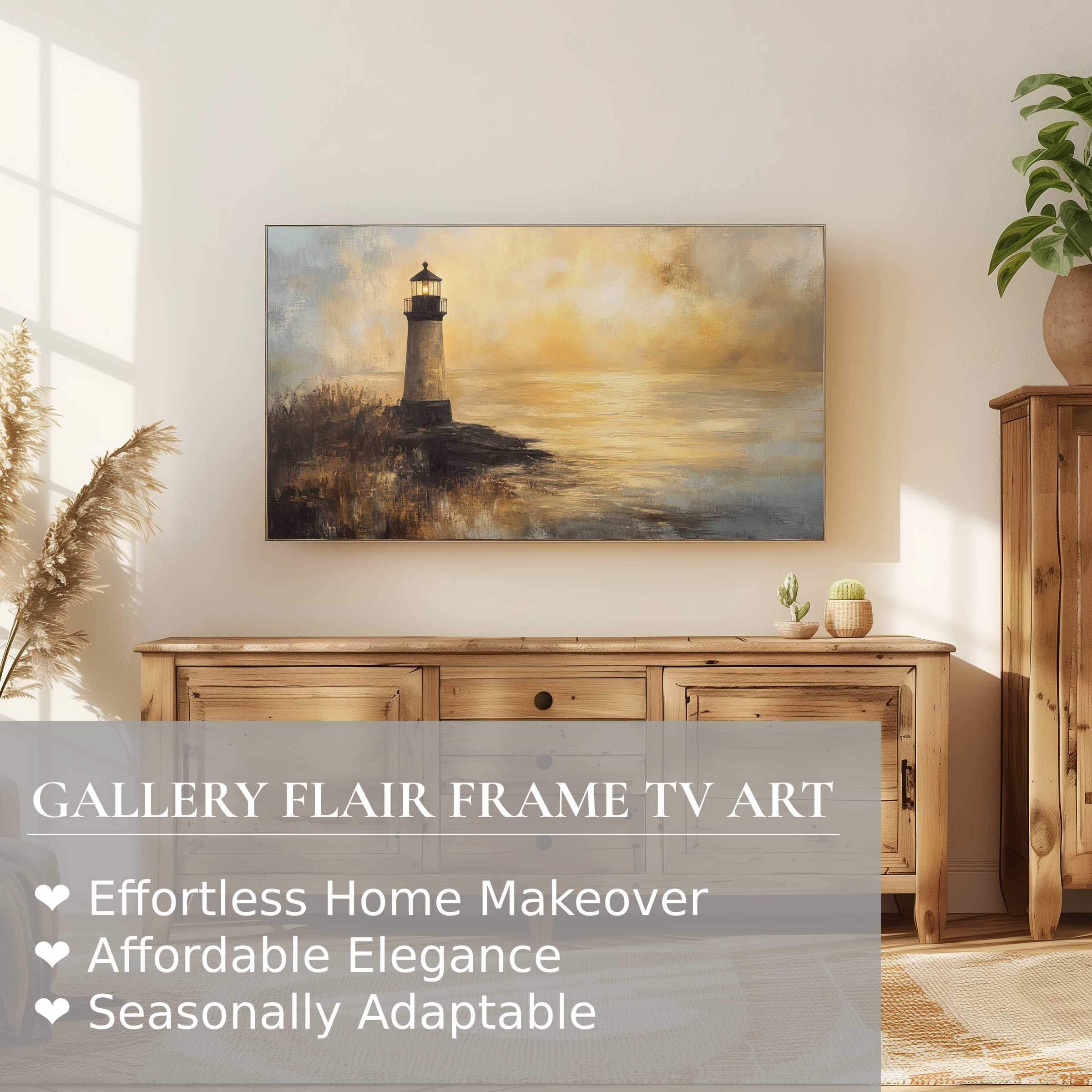 Samsung Frame TV displaying coastal digital artwork with serene lighthouse scene in warm, elegant modern interior
