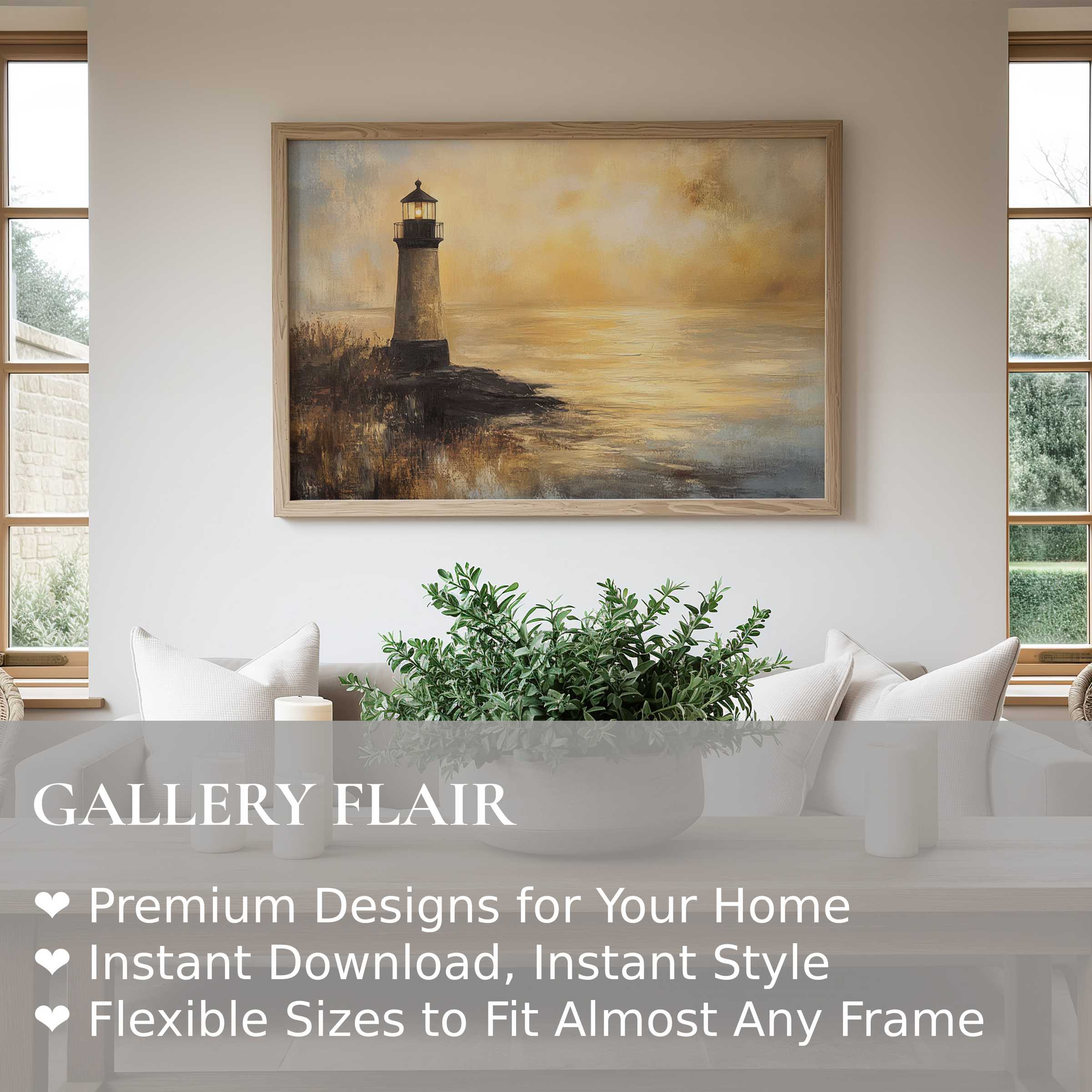 Coastal wall art print featuring a serene lighthouse at sunset, radiating calm warmth in a modern, minimalist living space