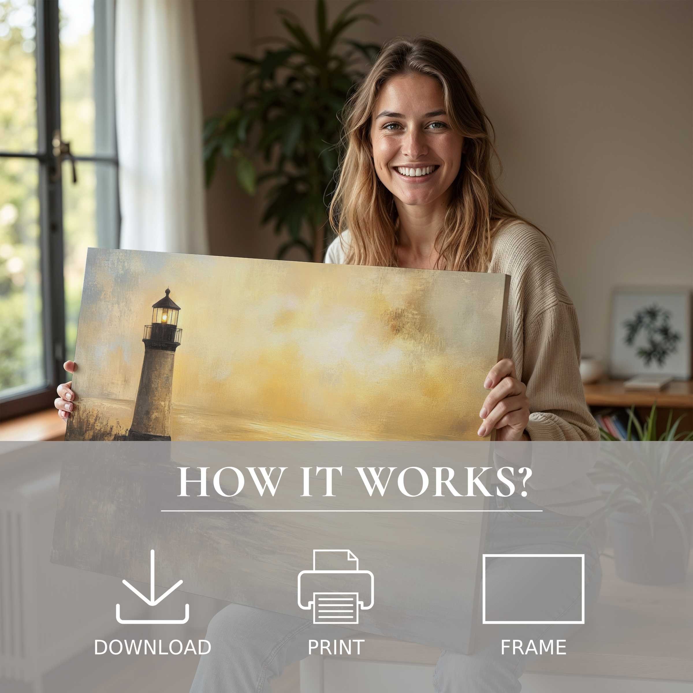 Radiant joy fills a modern home as a woman embraces a coastal digital art print, evoking serene warmth and effortless elegance