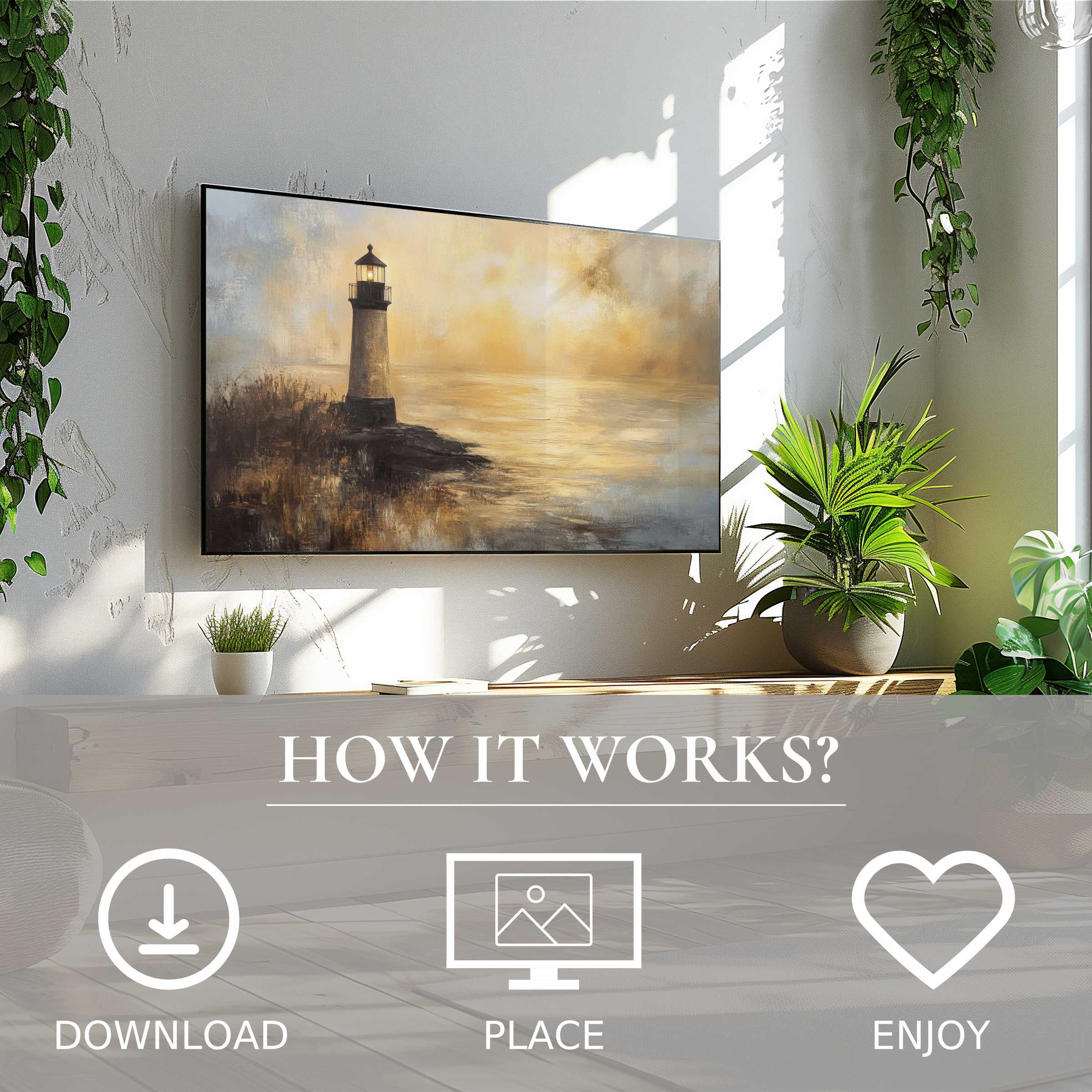 Coastal art for Samsung TV shows warm lighthouse hues, easy digital download enriches stylish, sunlit living spaces