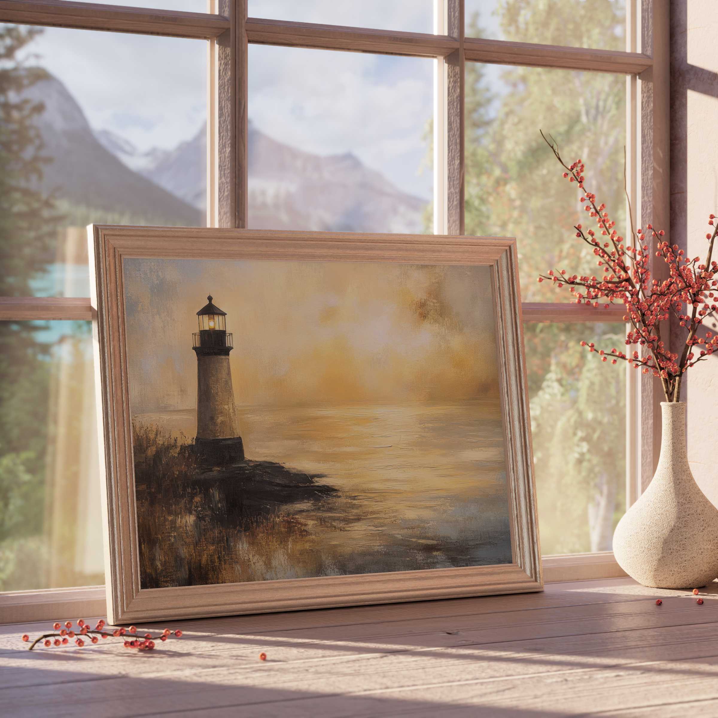 Coastal downloadable art featuring a glowing lighthouse in warm, tranquil hues, perfect for curated modern interiors