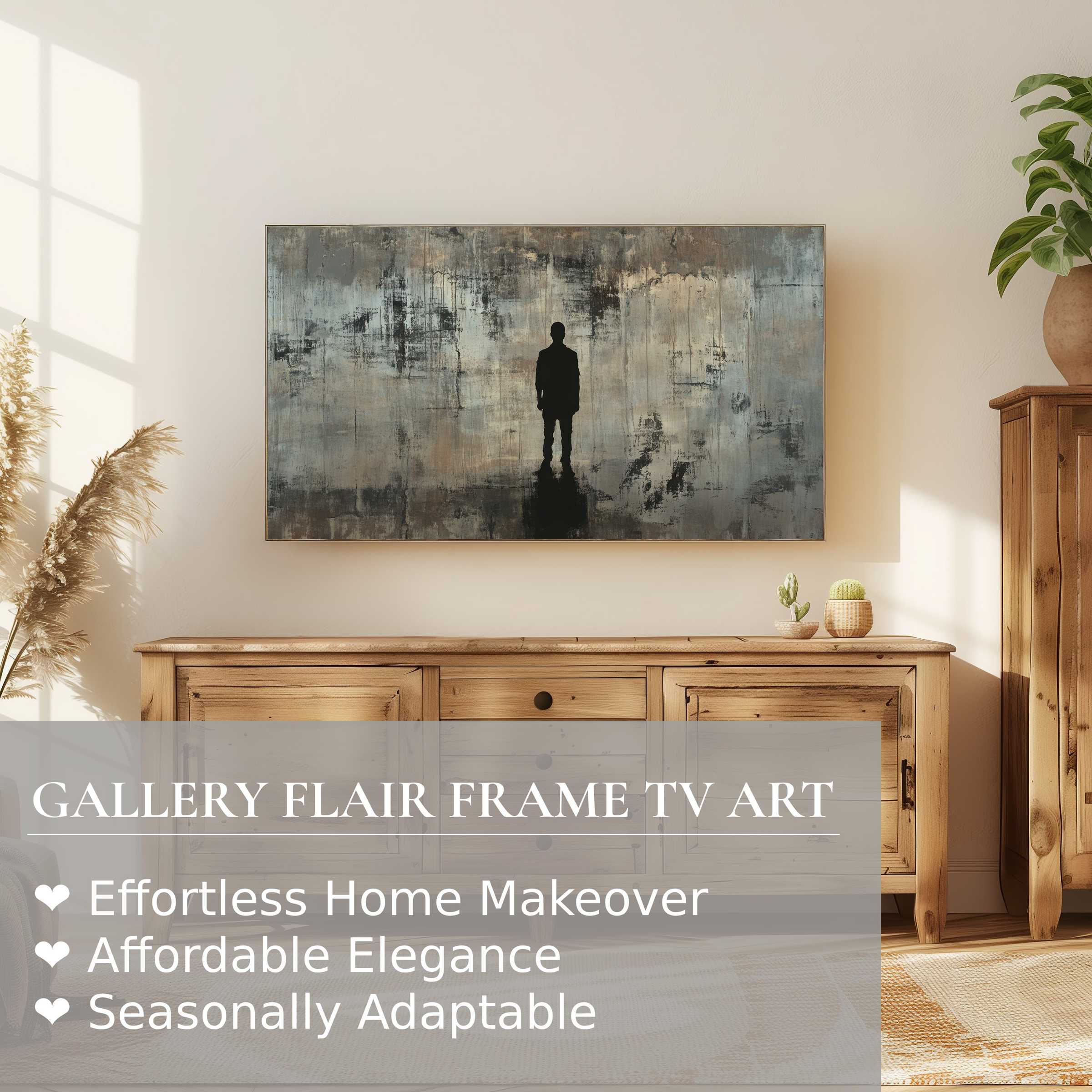 Samsung Frame TV displays moody street art digital artwork in a modern, natural wood-toned living room setting