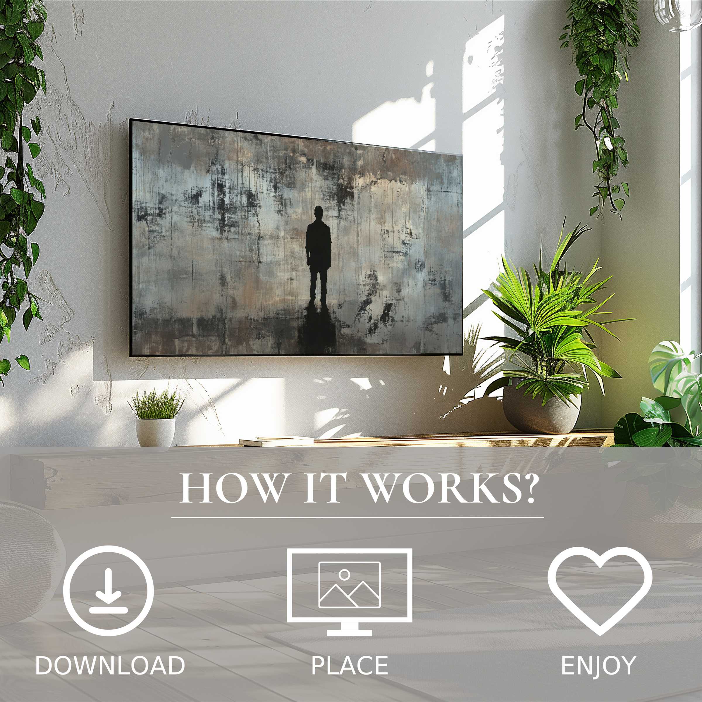 Modern living room with street art for Samsung TV; digital download of muted tones, enhancing any space easily