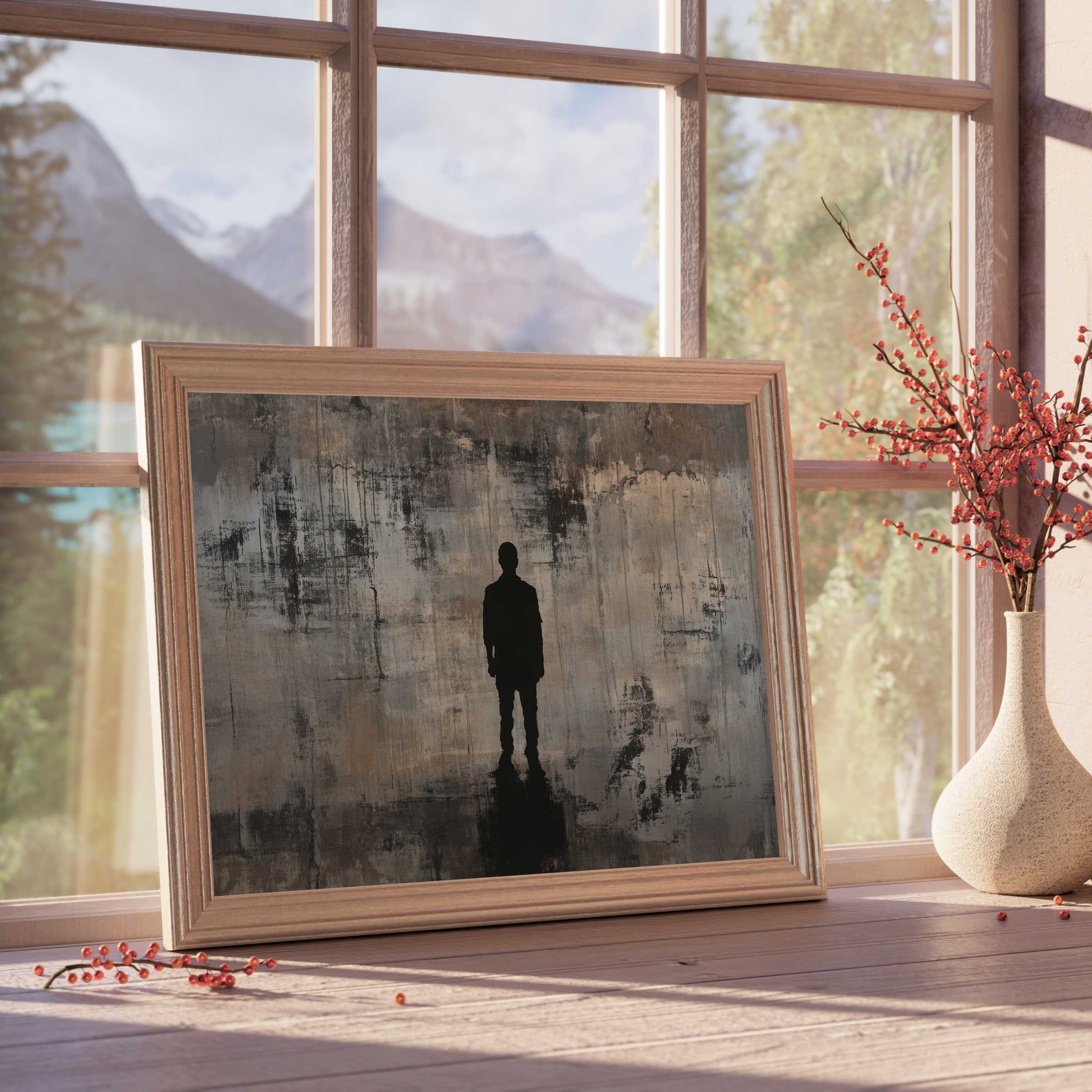 Street art downloadable art with a contemplative silhouette, enriching serene interiors with moody textures and refined depth