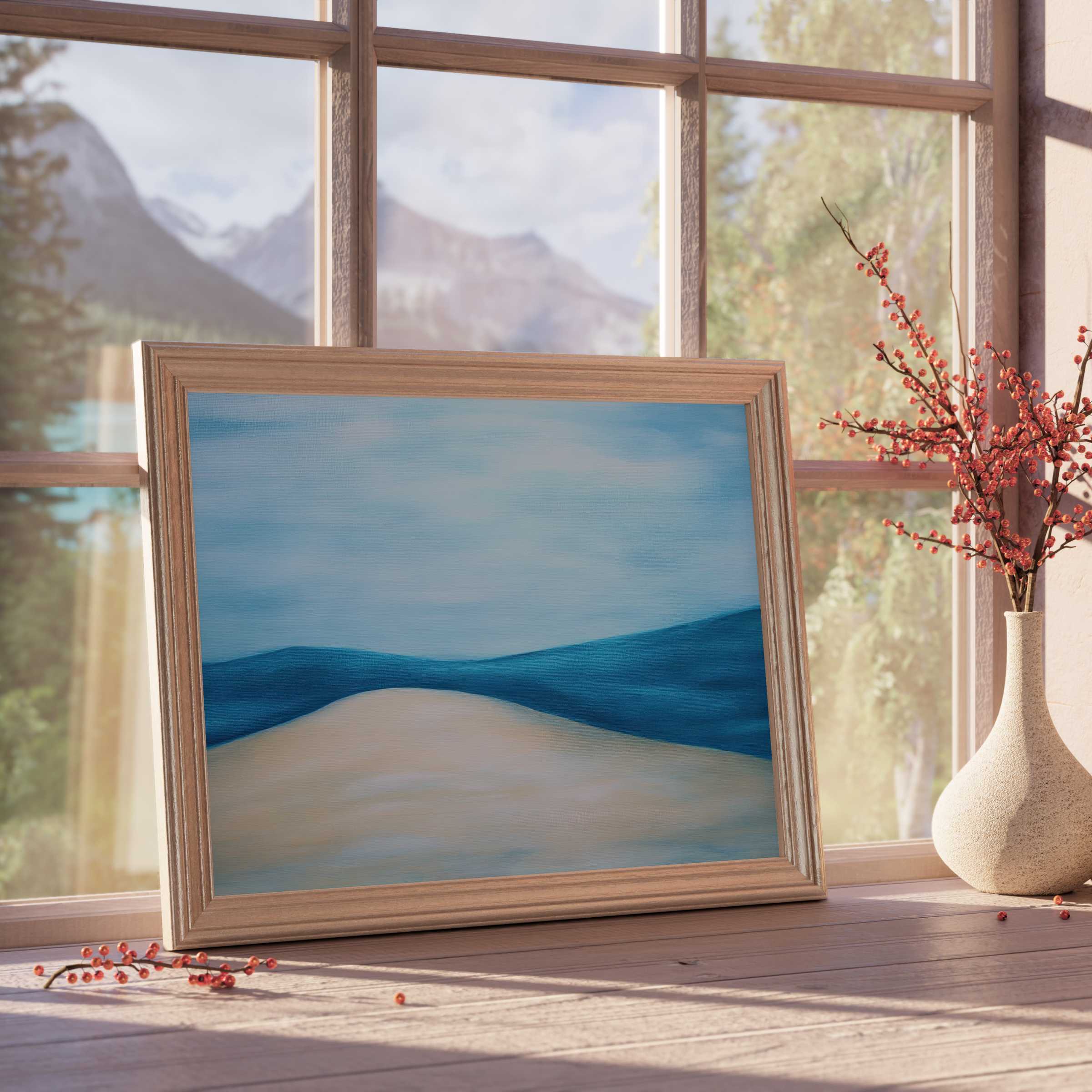 Serene minimalist downloadable art blending soft blues and sands, elevating tranquil, design-forward interiors with refined coastal elegance