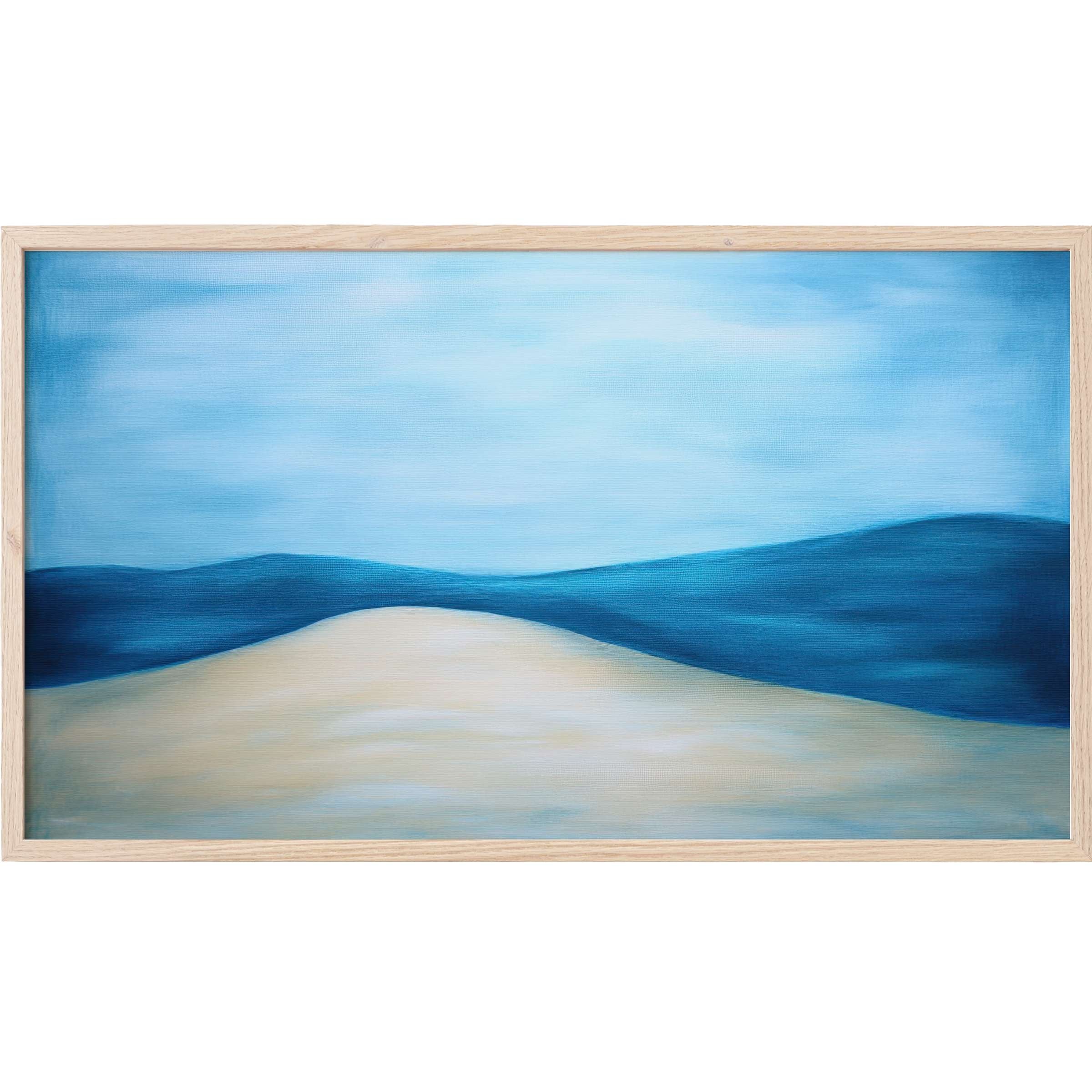 Serene minimalist Frame TV Art with soft blue waves and sandy beige tones in an elegant, modern visual style