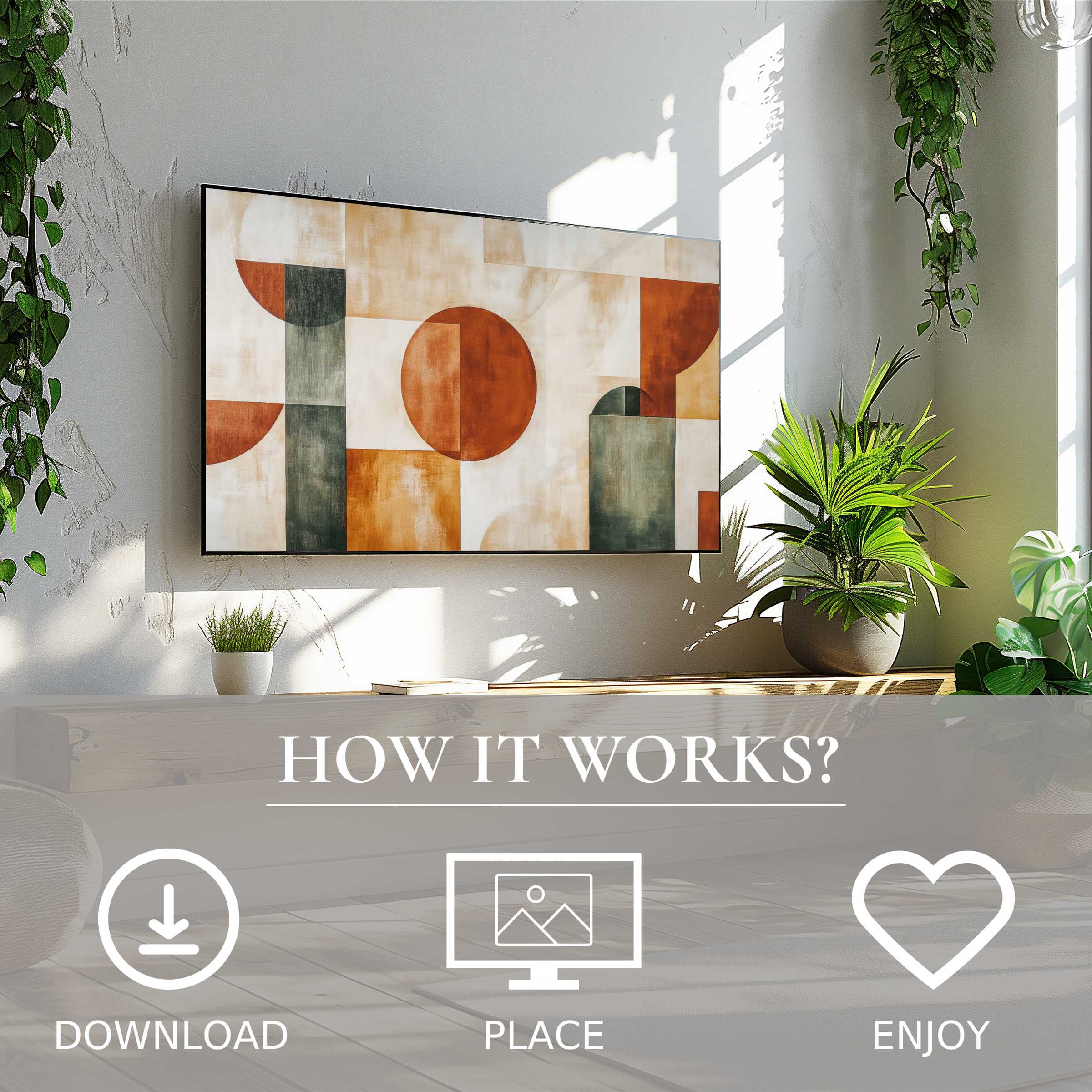 Modern art for Samsung TV with warm geometric motif, easy digital download enriches bright, green living space effortlessly