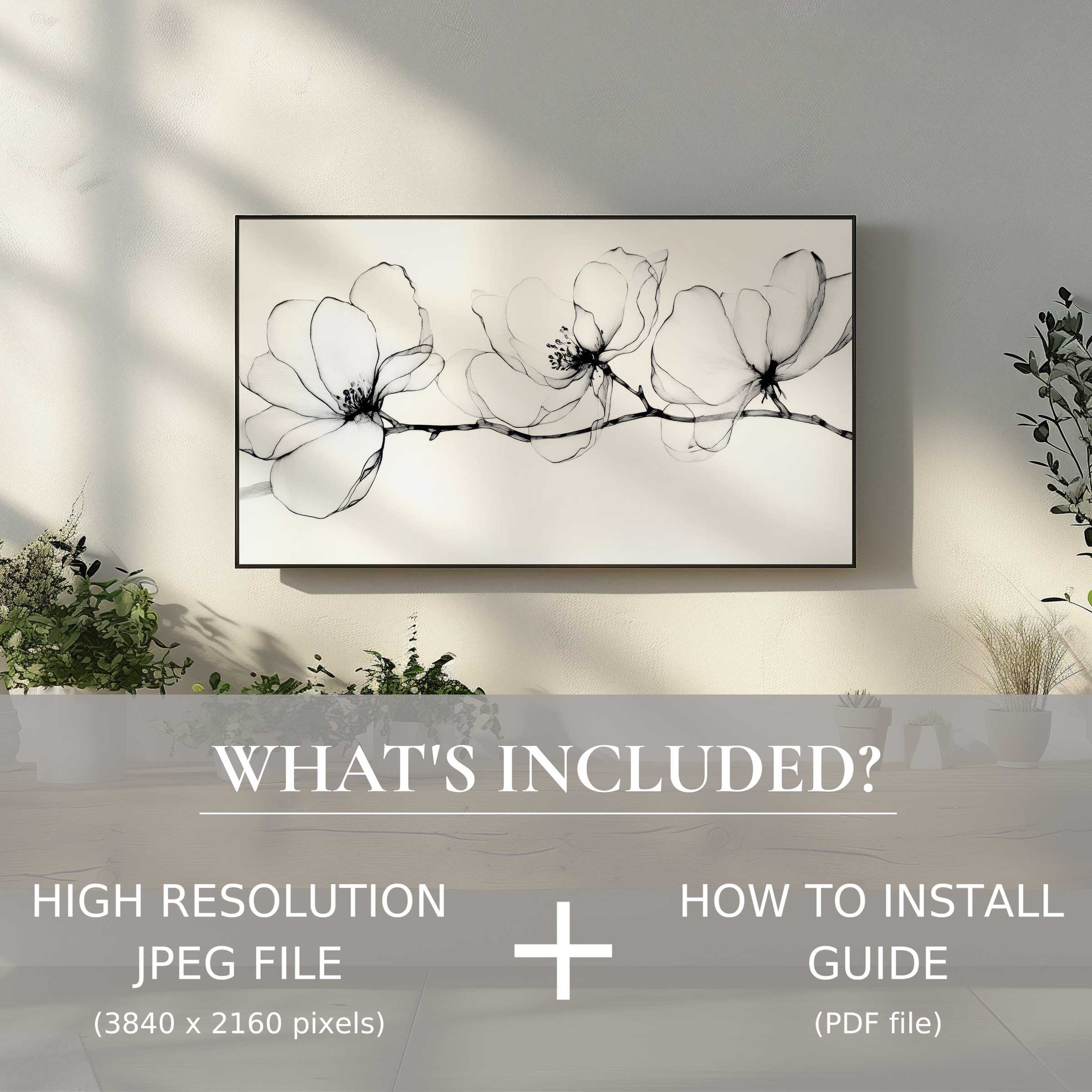 Elegant floral digital TV art download enhances modern space with easy-to-use high-res file and install guide