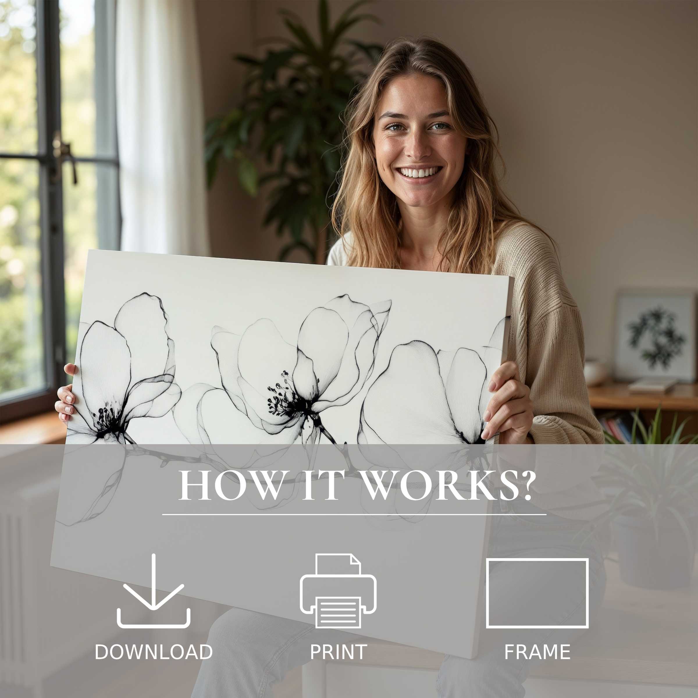 Joyful connection with floral digital art print brings serene beauty and effortless elegance to modern living spaces