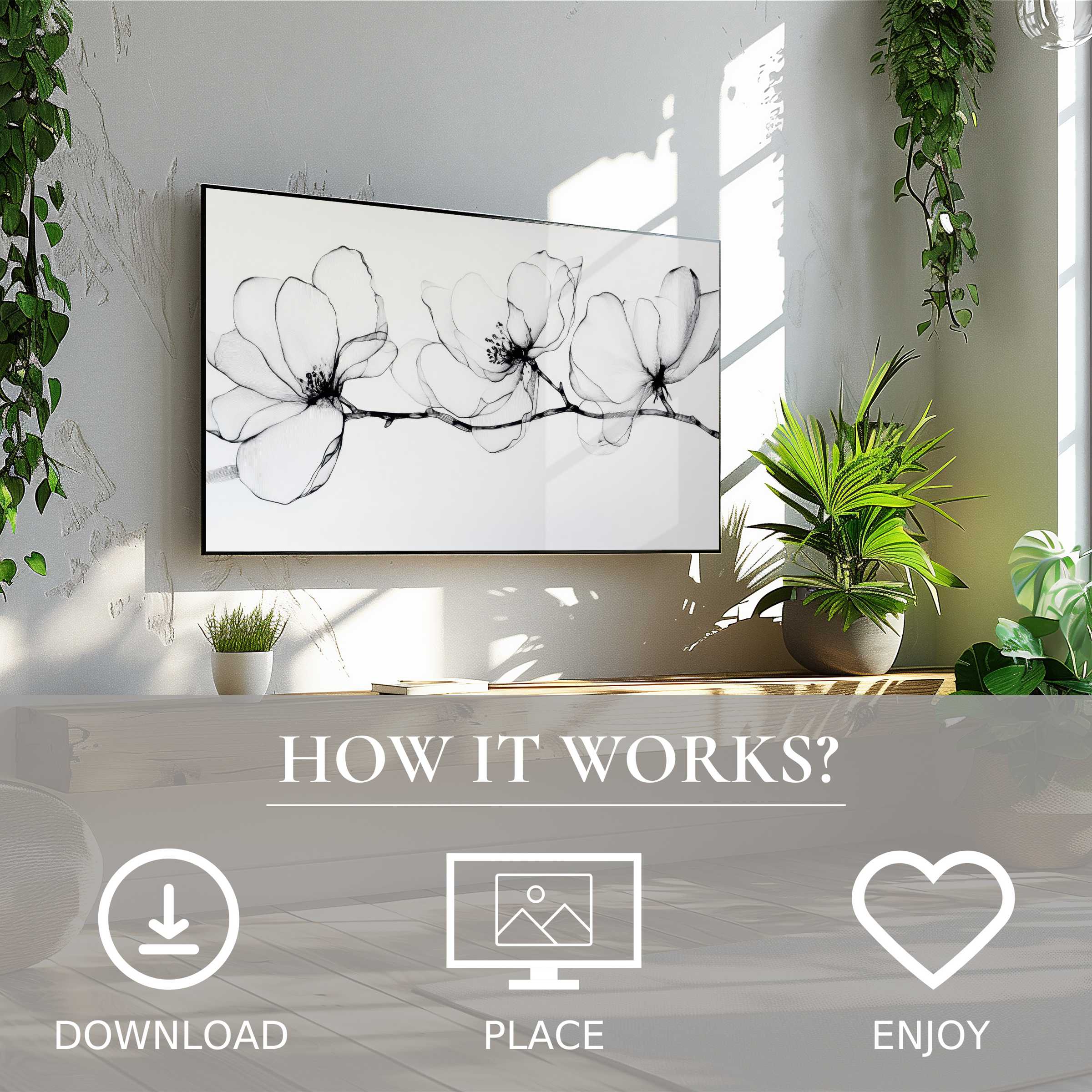 Floral art for Samsung TV shows a delicate black-and-white branch, easy digital download enriches modern living spaces