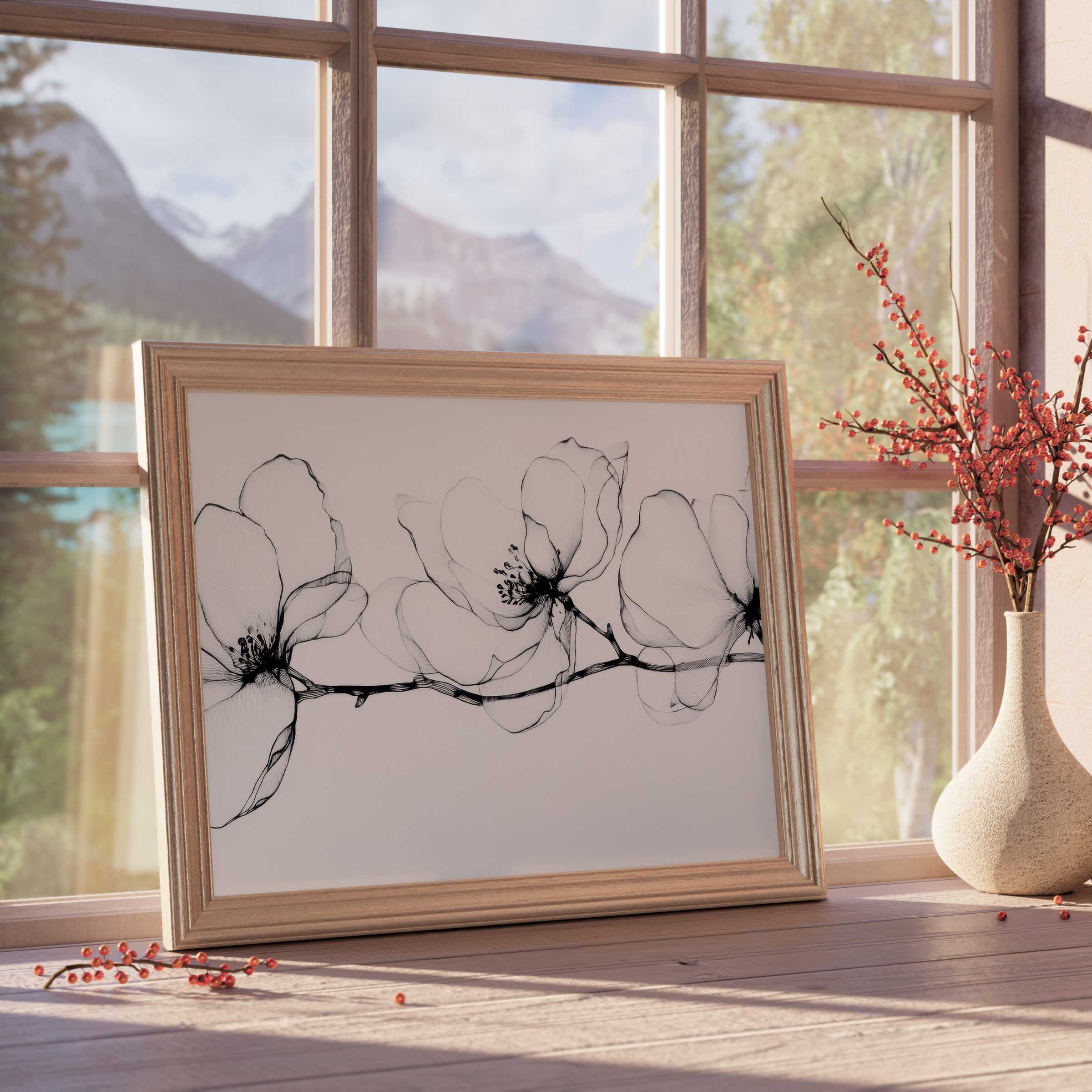 Delicate floral downloadable art in soft black ink, elevating serene, curated interiors with timeless botanical elegance
