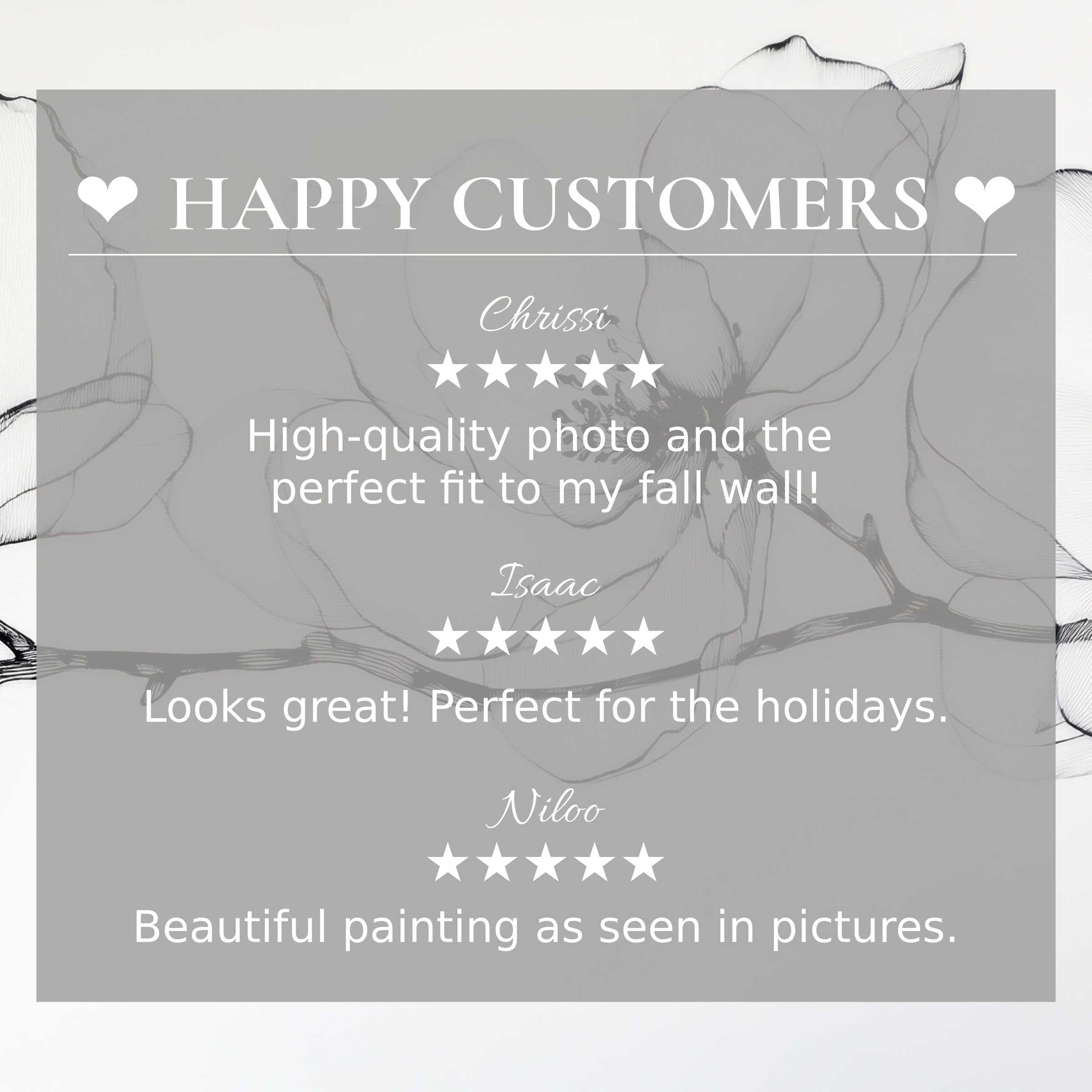 Floral art for Frame TV with abstract sunset colors, showcasing happy customer reviews and an elegant layout
