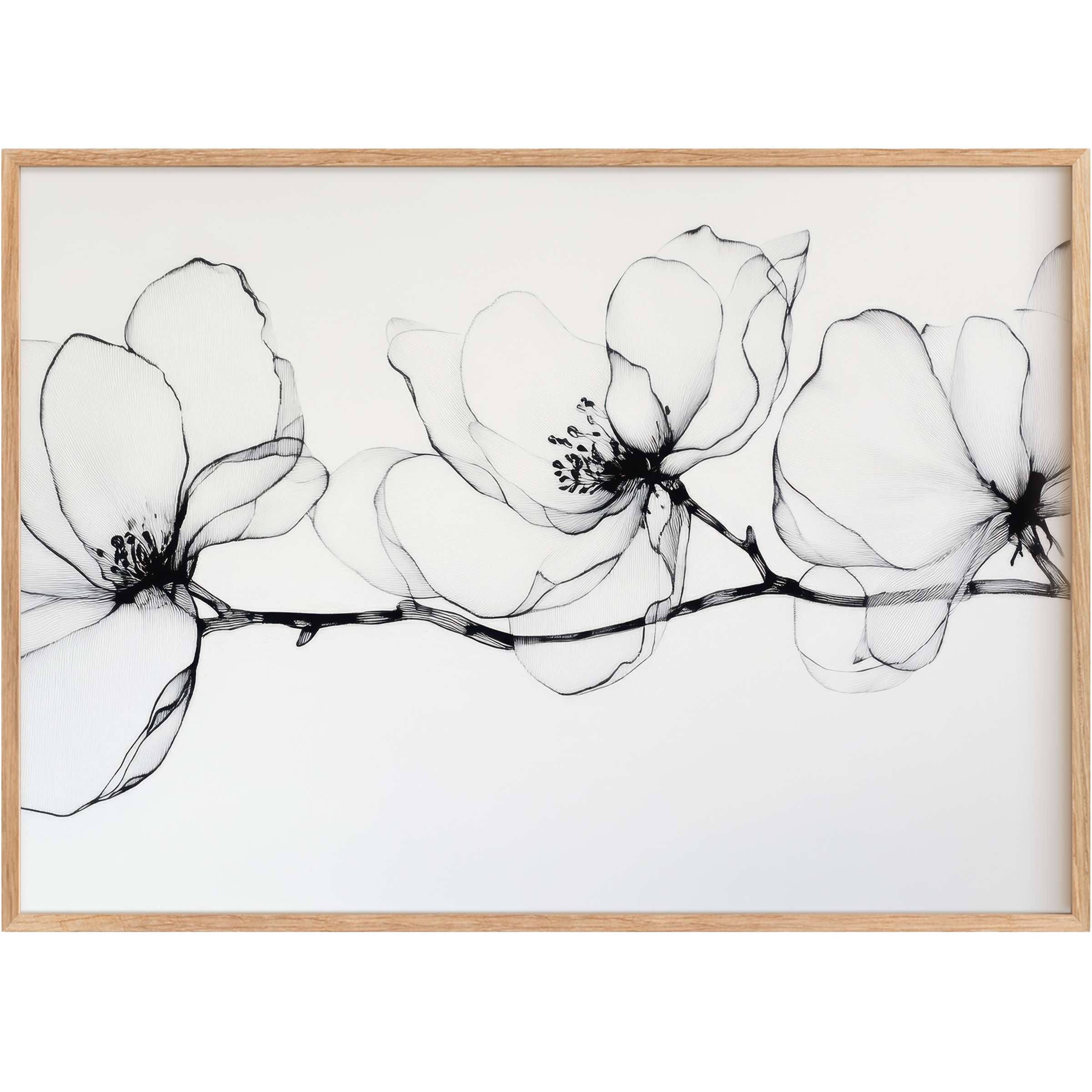 Elegant black and white floral printable wall art, evoking a serene, airy ambiance with delicate, flowing lines