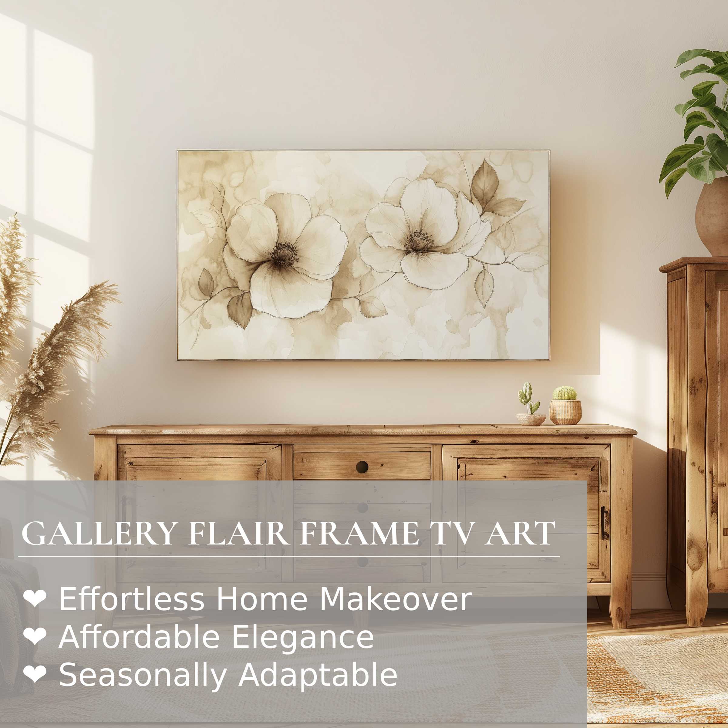 Samsung Frame TV displays neutral digital artwork of delicate flowers in a serene, elegant modern setting
