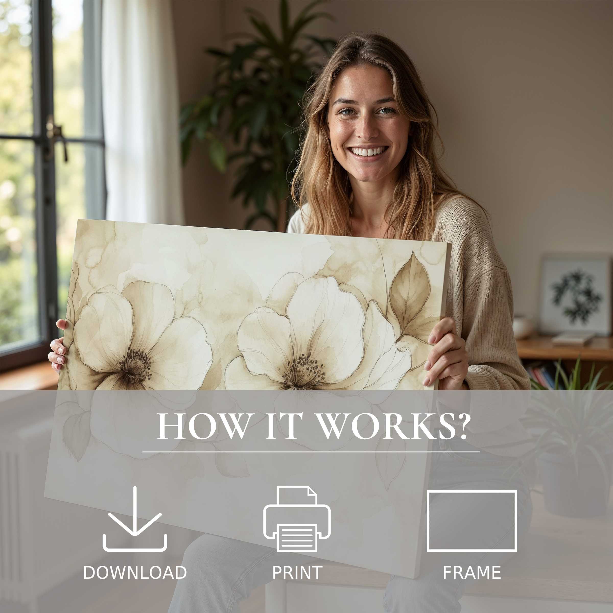 Woman radiates pure joy revealing a neutral digital art print of delicate beige blossoms in a chic, sunlit home