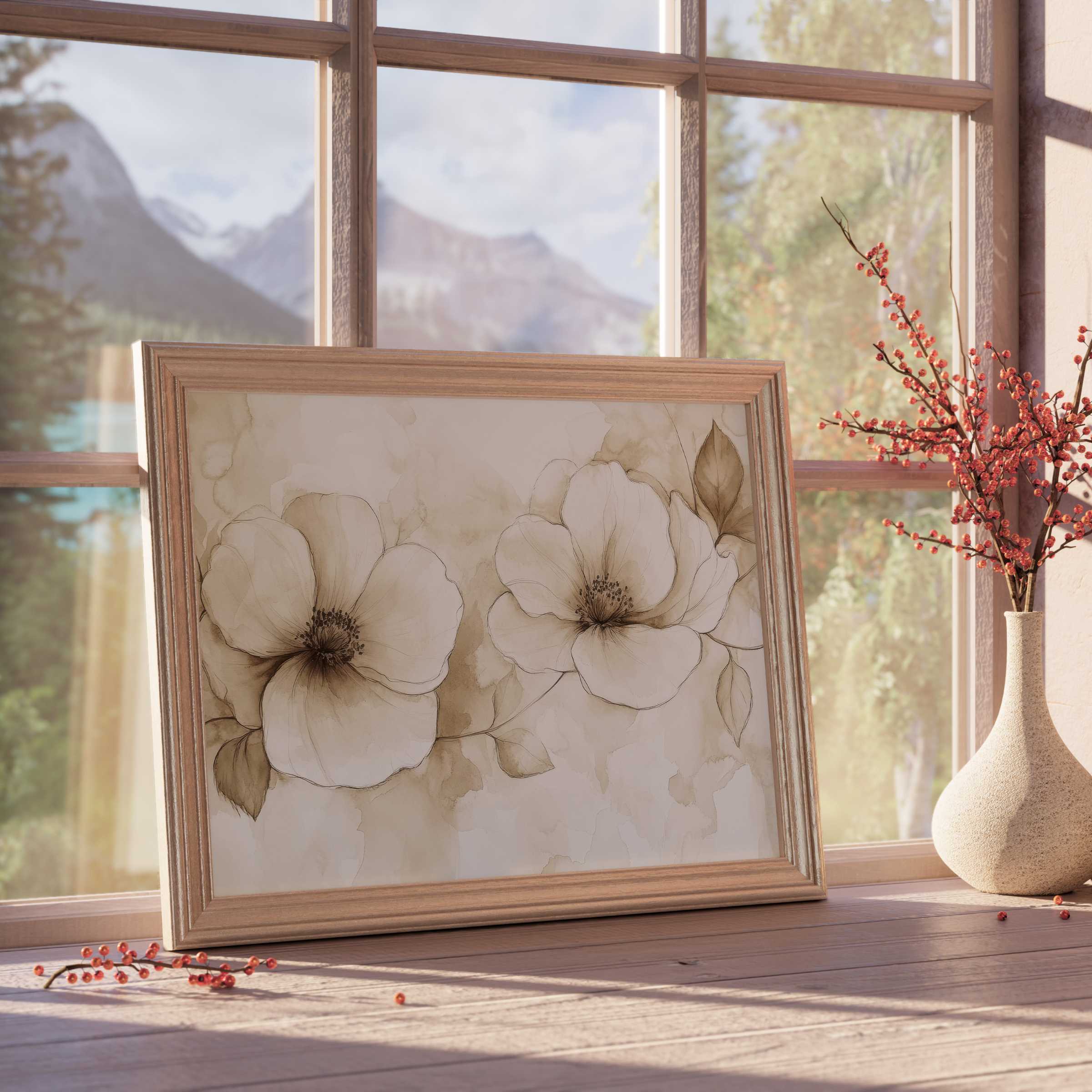 Neutral downloadable art featuring delicate sepia floral illustrations, enhancing serene, curated interiors with warm natural light