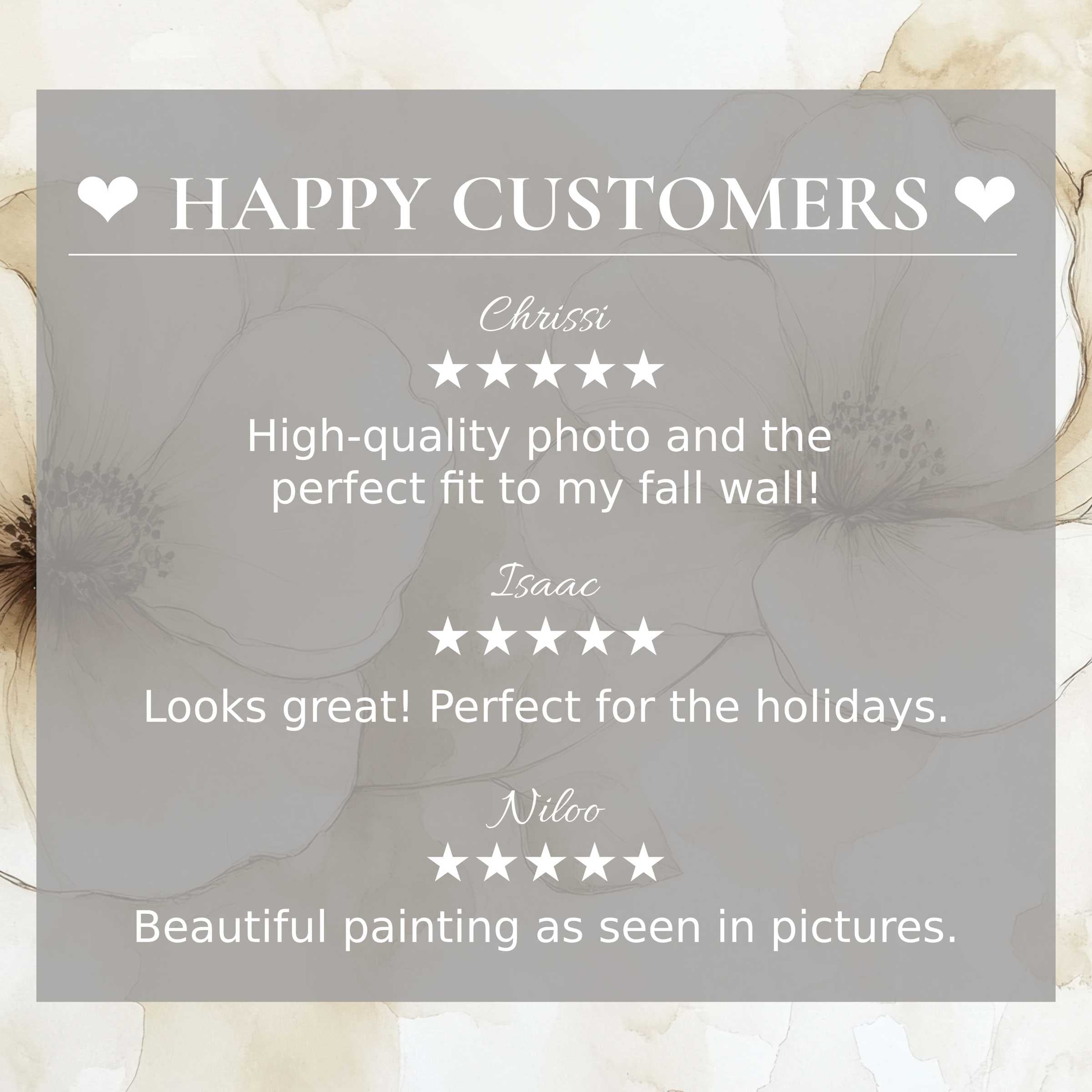 Happy customer reviews highlight trust and elegance with neutral art for Frame TV in soft floral backdrop