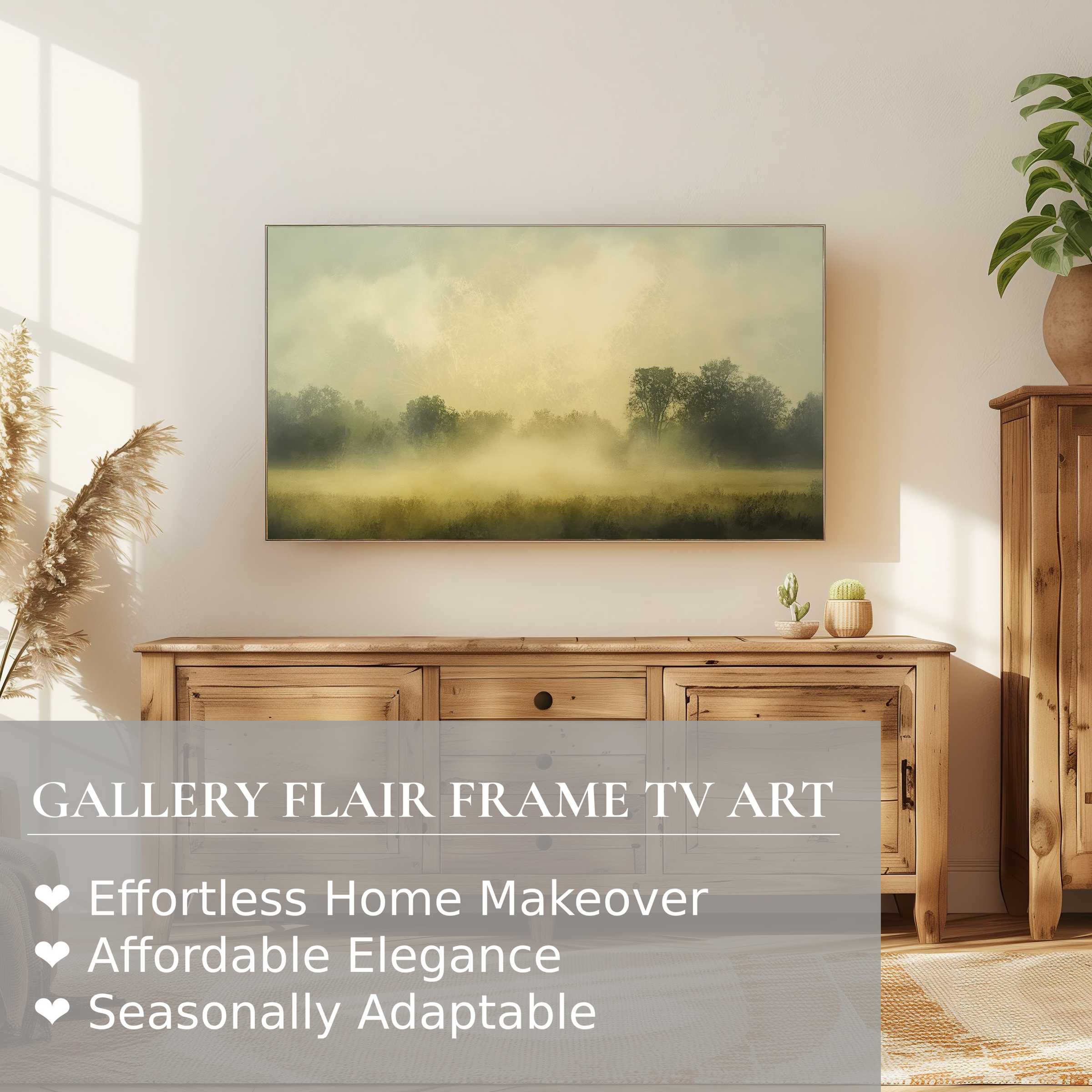 Samsung Frame TV showcasing serene farmhouse digital artwork in a warm, elegant, and modern living space