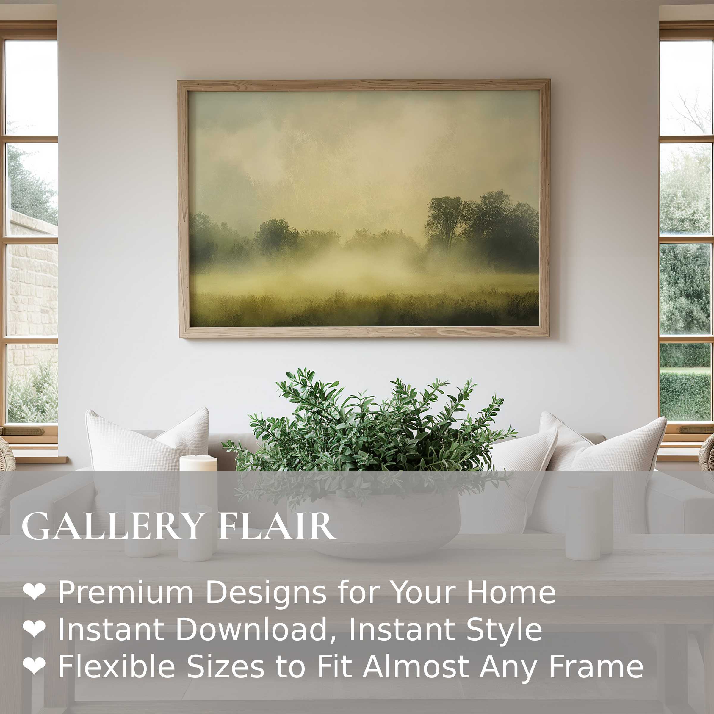 Farmhouse wall art print featuring a soft, misty landscape that adds calming warmth to modern rustic interiors