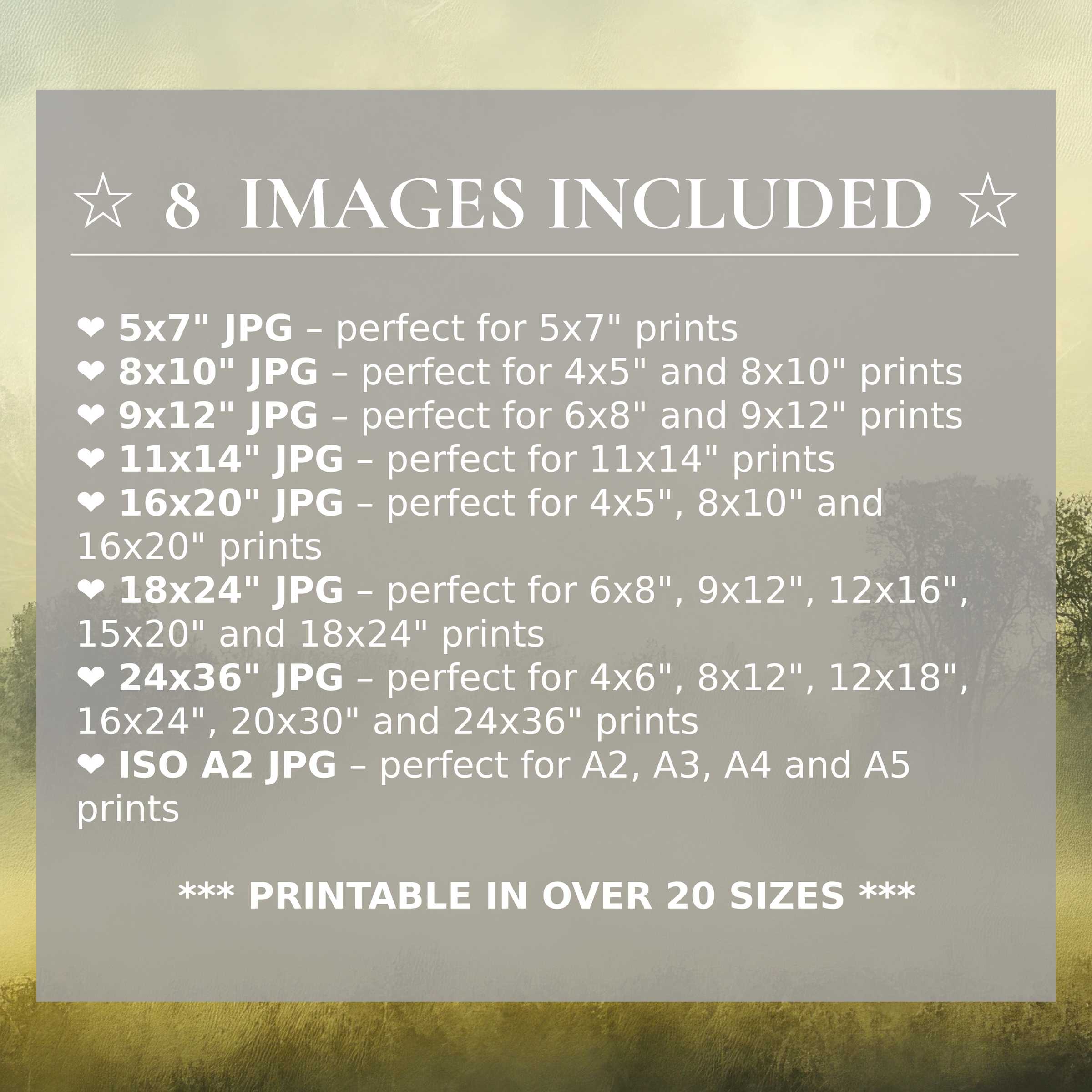 Farmhouse digital print radiates warm golden hues and soft greens, elevating modern interiors with refined beauty; includes 8 high-quality sizes