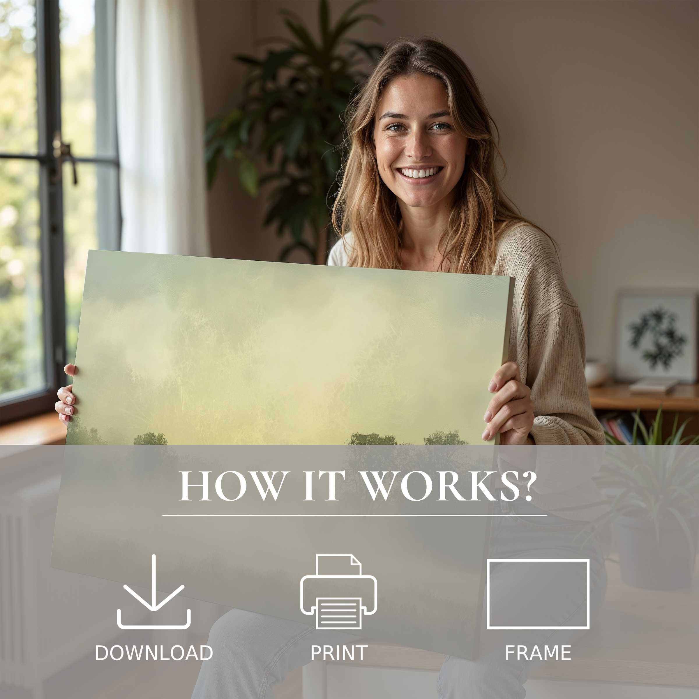 Radiant farmhouse digital art print embraced with warmth in a modern home, embodying joy and effortless elegance