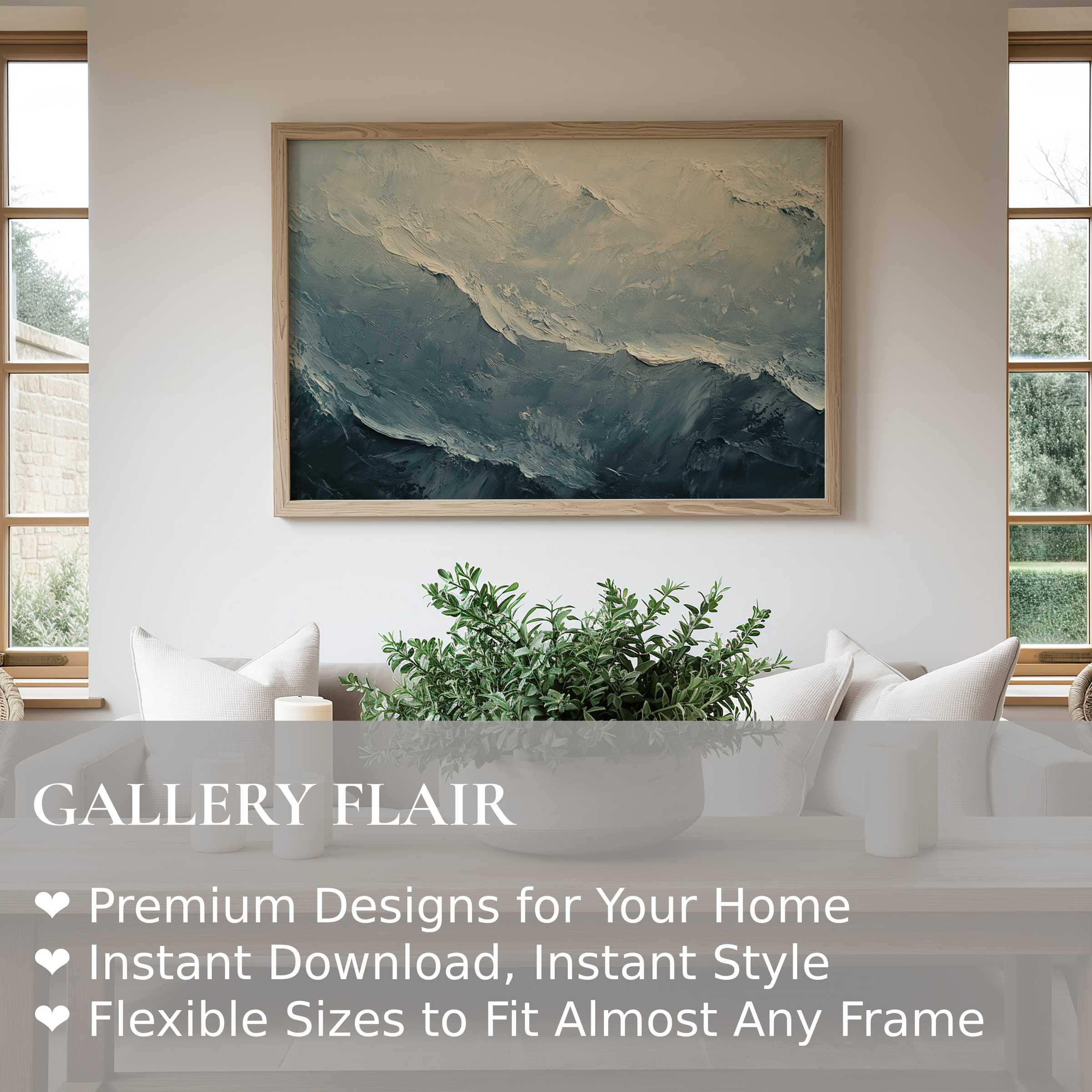 Vintage wall art print with textured ocean waves in muted blues and grays, enhancing serene, modern minimalist interiors with timeless elegance