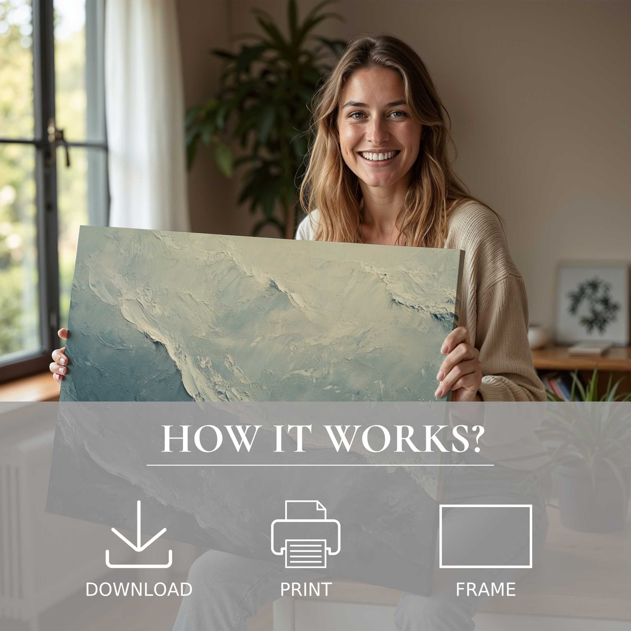 A joyful embrace of vintage digital art print in a sunlit modern home, blending serene textures with effortless elegance