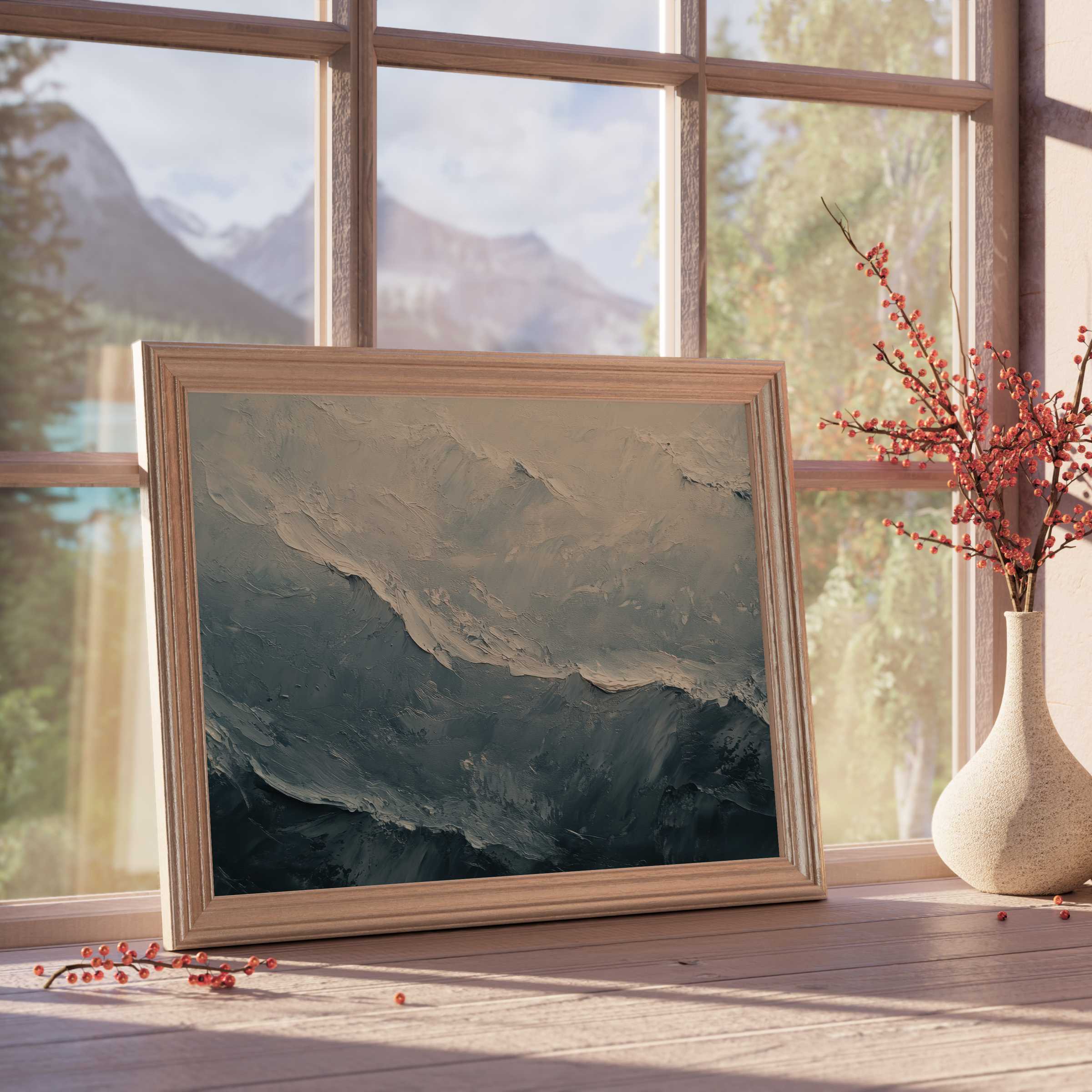 Vintage downloadable art featuring textured ocean waves in muted blues and grays, elevating serene, design-forward interiors with timeless coastal charm