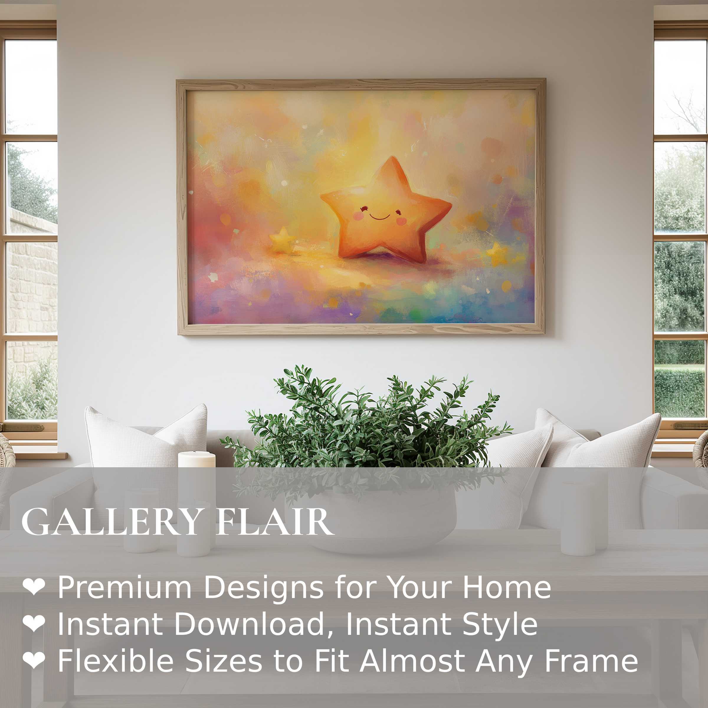 Nursery wall art print featuring a radiant smiling star in soft pastel hues, enhancing modern minimalist spaces with warmth and charm