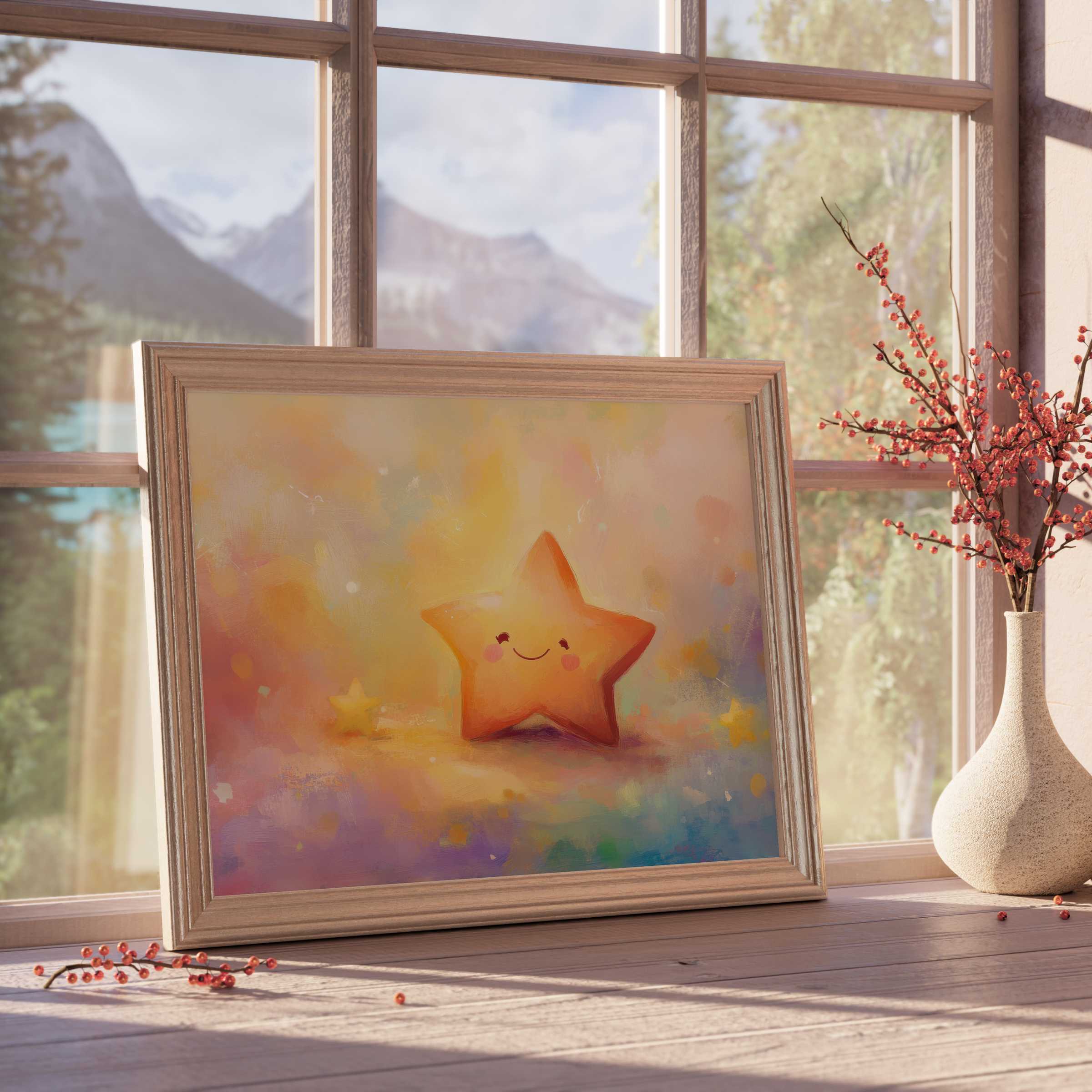 Nursery downloadable art featuring a warm, smiling star that illuminates tranquil, curated children’s spaces with joyful charm