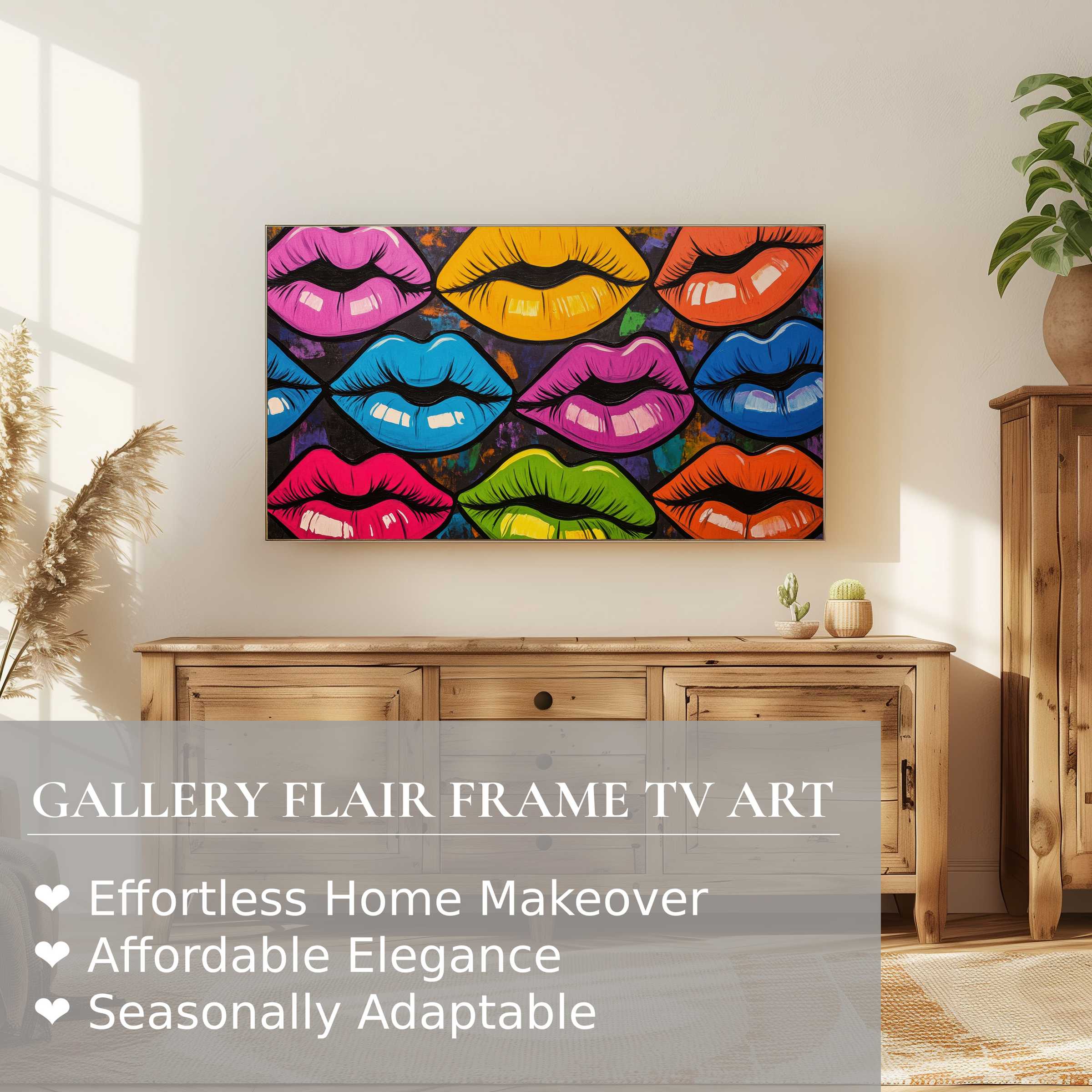Samsung Frame TV showcasing vibrant pop art digital artwork of colorful lips in a modern, sunlit living room setting