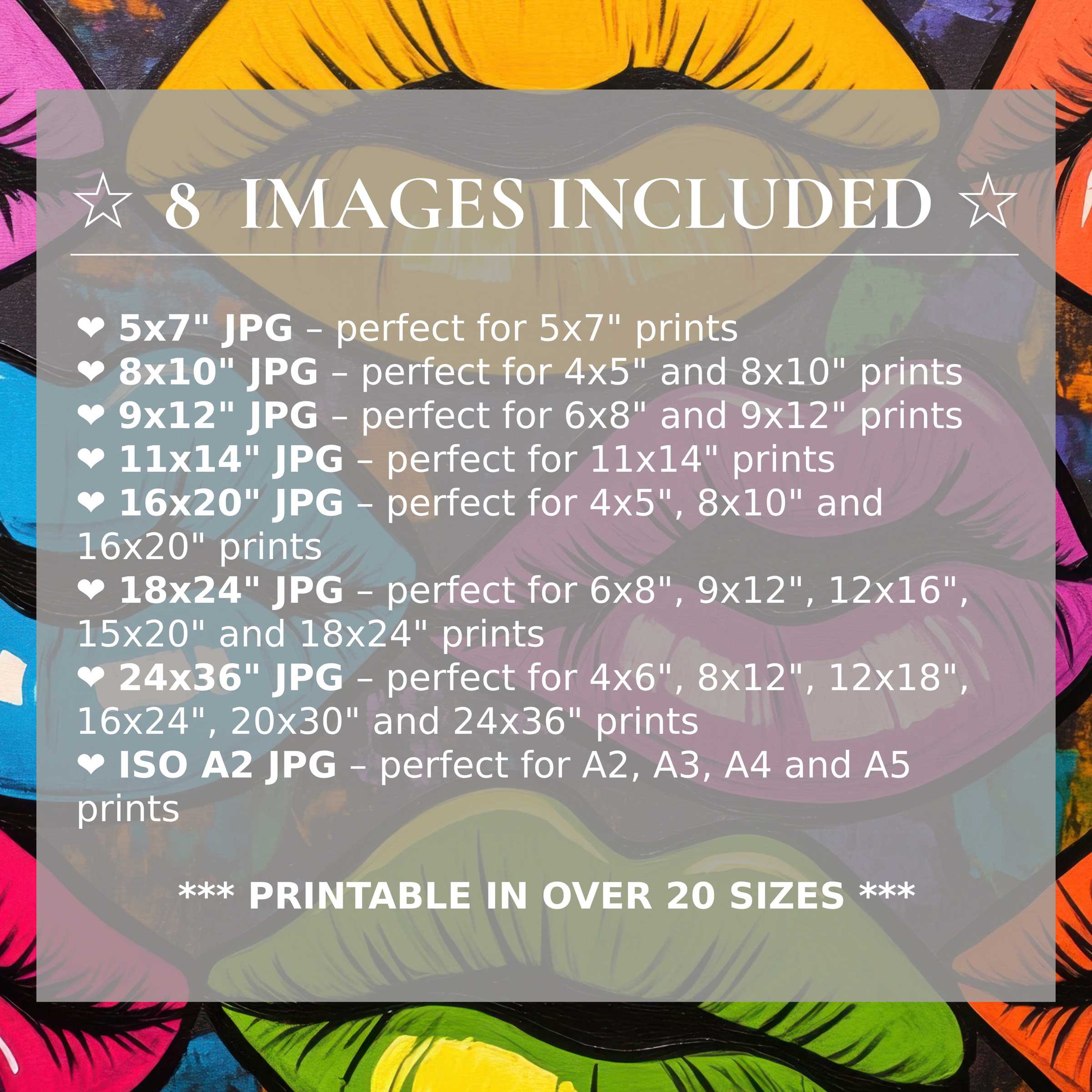 Radiant pop art digital print in vibrant yellow, pink, green, and blue hues, delivered in 8 included high-res sizes for versatile, stylish modern interiors