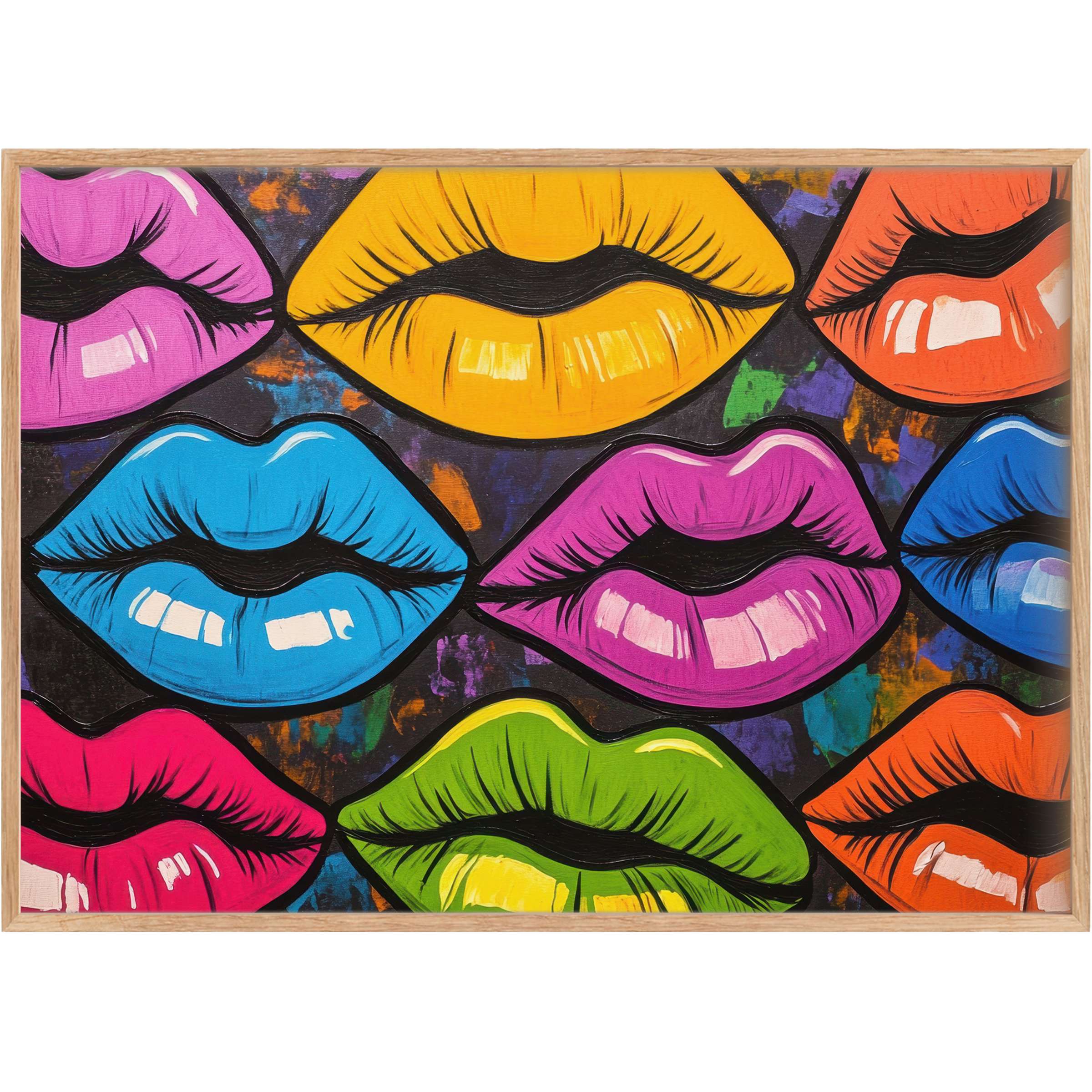 Vibrant pop art printable wall art featuring glossy lips in bold yellow, blue, pink, and green, radiating playful energy and modern flair