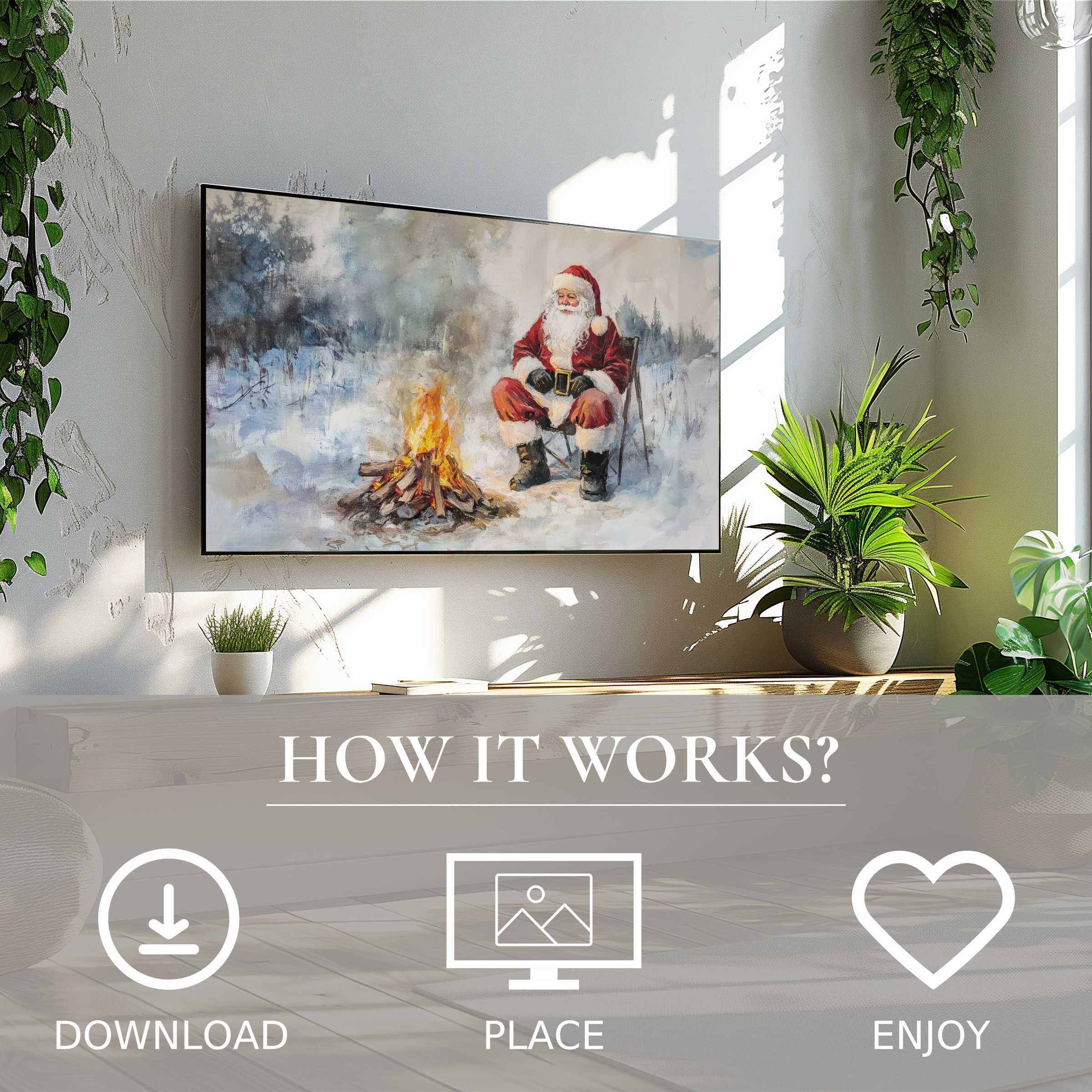 Modern living room with easy digital download; christmas art for Samsung TV shows warm Santa and fire in soft winter tones