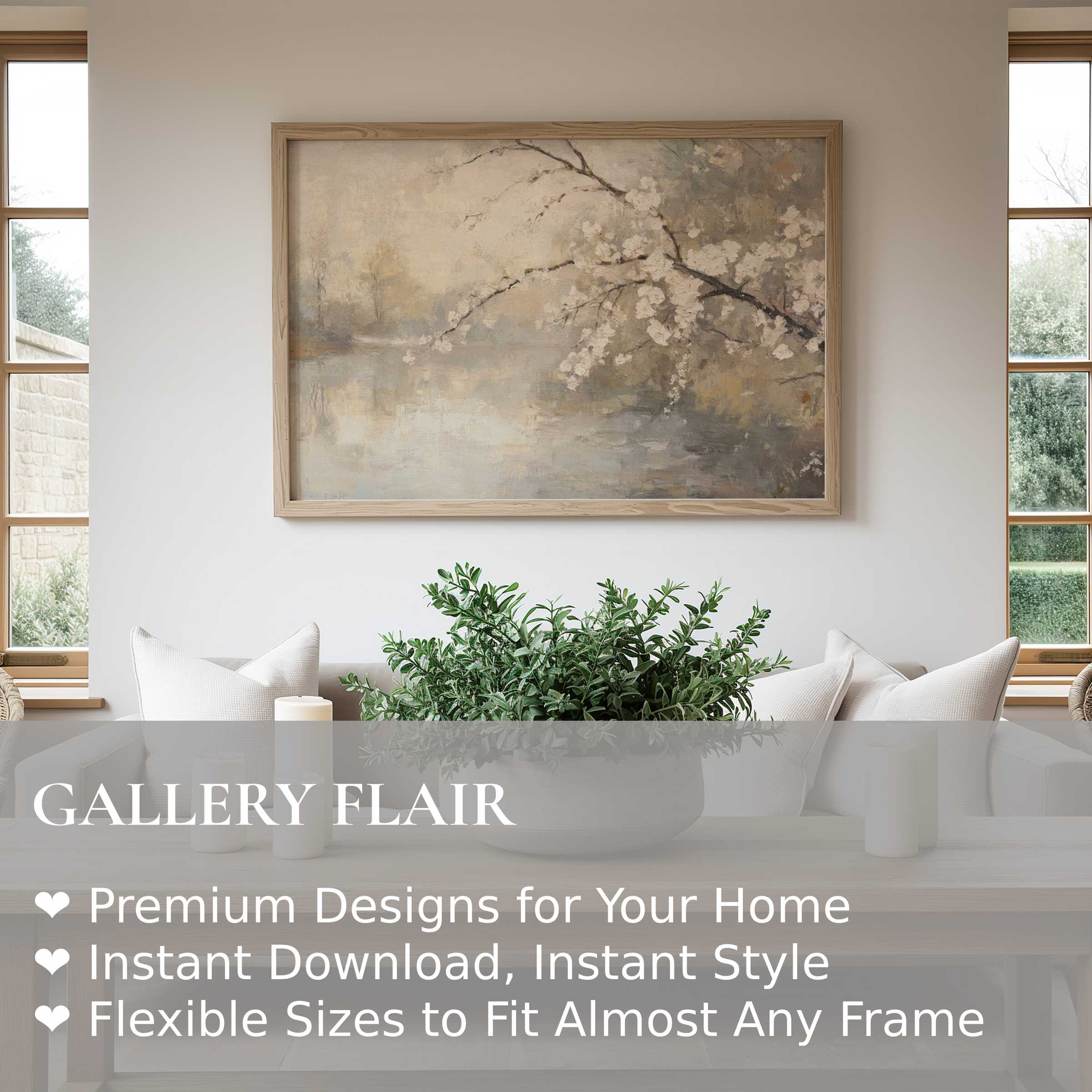 Radiant spring wall art print of delicate cherry blossoms in muted tones, enhancing serene modern farmhouse interiors with soft, calming elegance