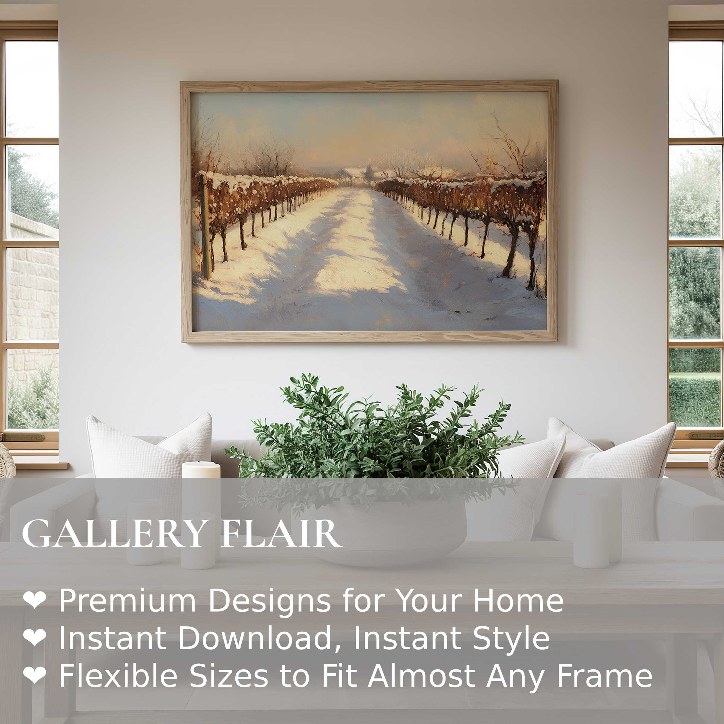 Winter wall art print capturing a serene snowy vineyard path, enhancing modern minimalist interiors with calming, radiant elegance