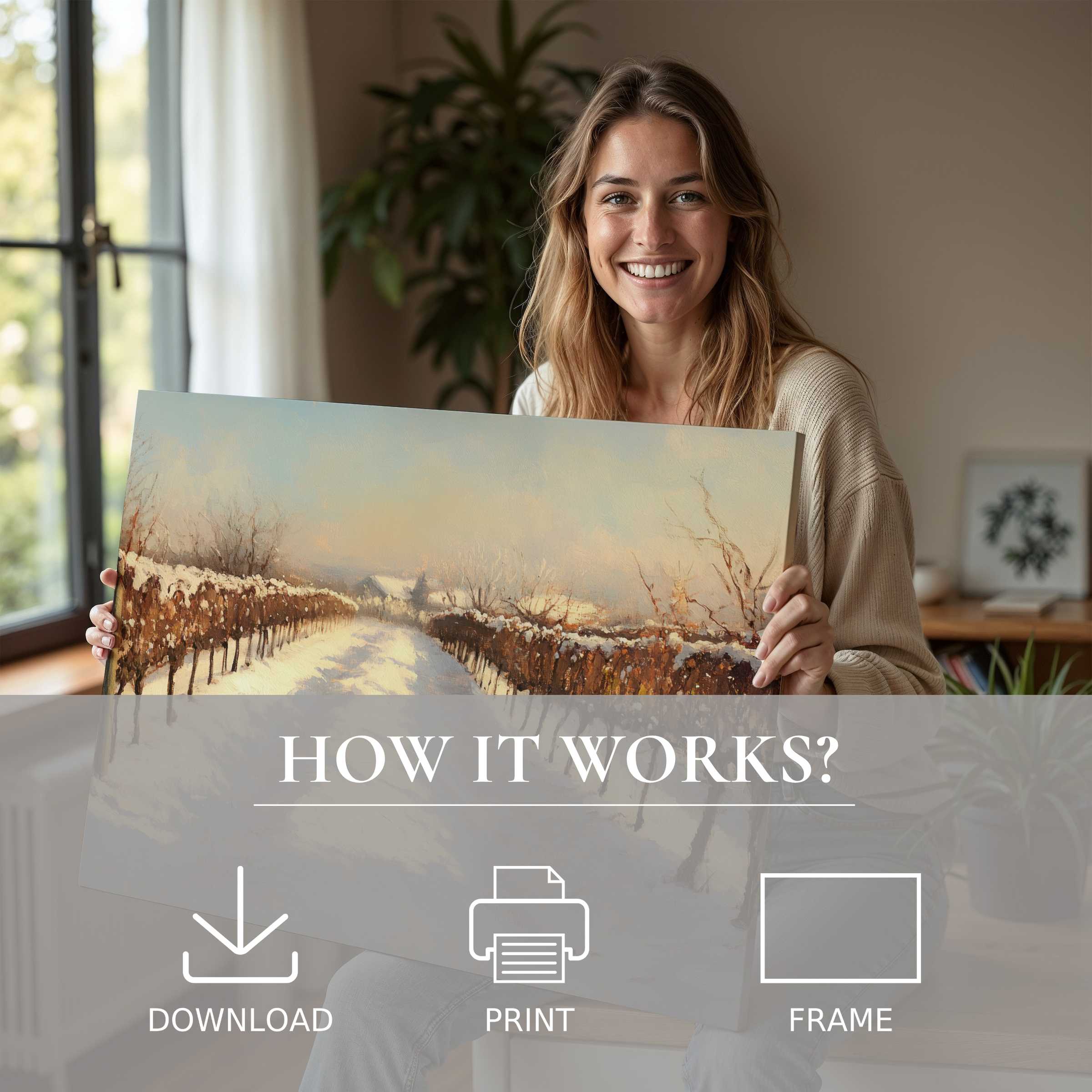 Warmth and joy radiate as a woman embraces a winter digital art print, embodying effortless elegance in modern living