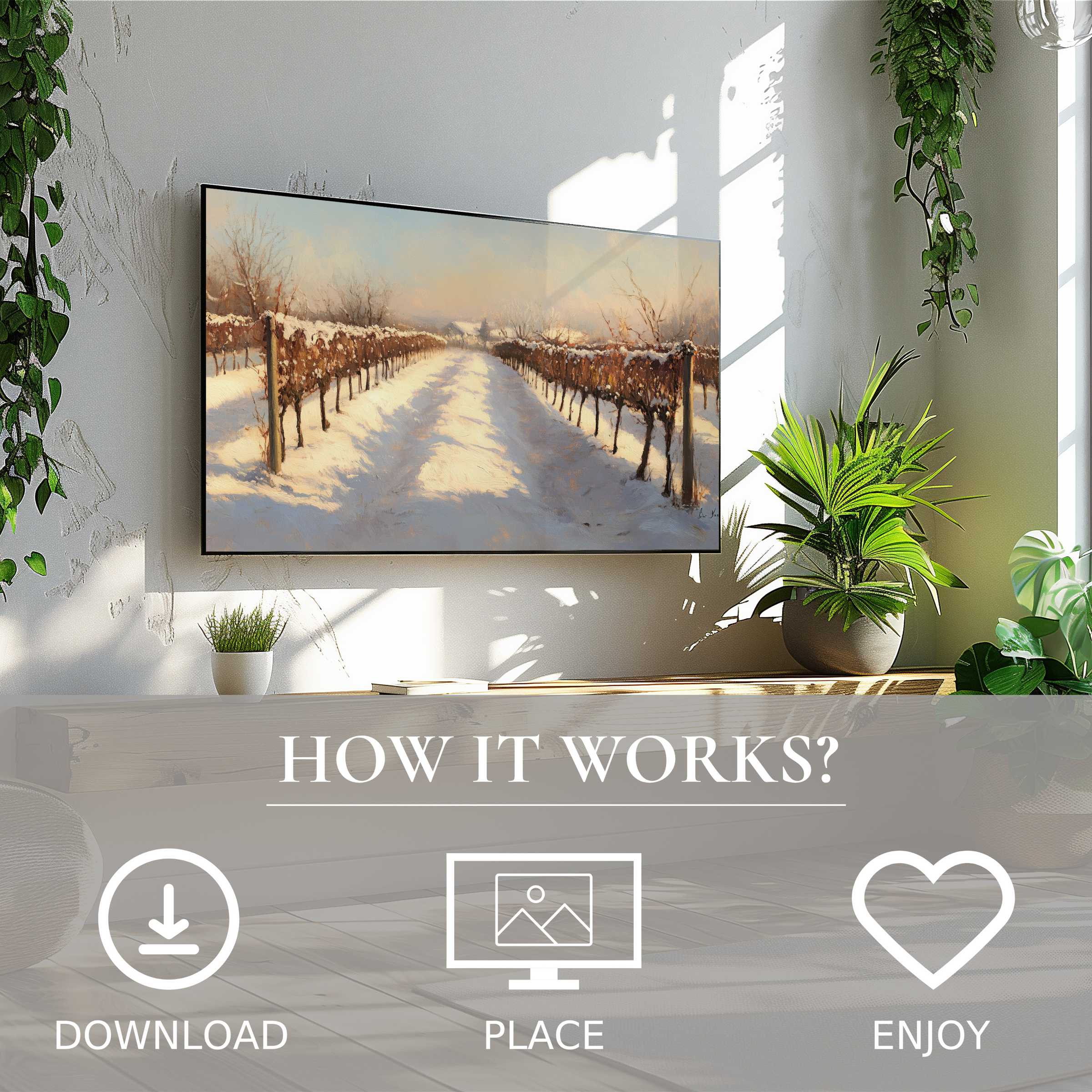 Winter art for Samsung TV shows soft sunset tones on snowy vineyard; easy digital download enriches your modern living space