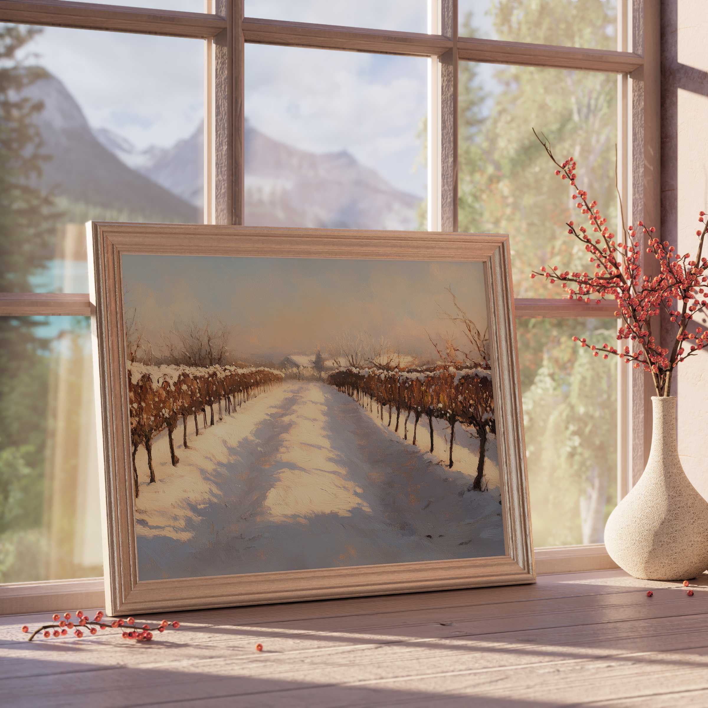 Winter downloadable art capturing a serene vineyard pathway cloaked in snow, perfect for tranquil, design-forward interiors