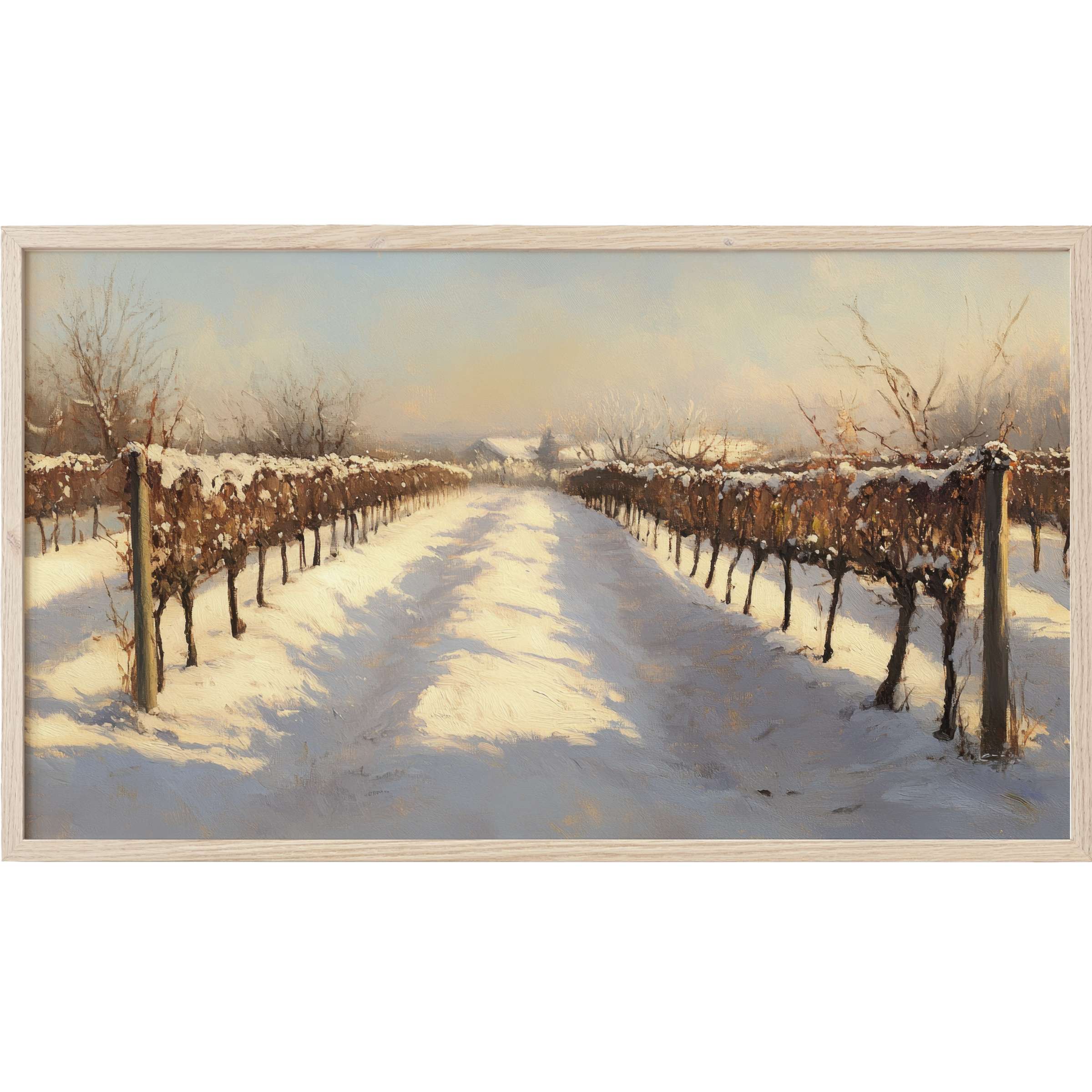 Serene vineyard landscape in soft winter hues with textured brushstrokes, perfect winter Frame TV Art for refined decor