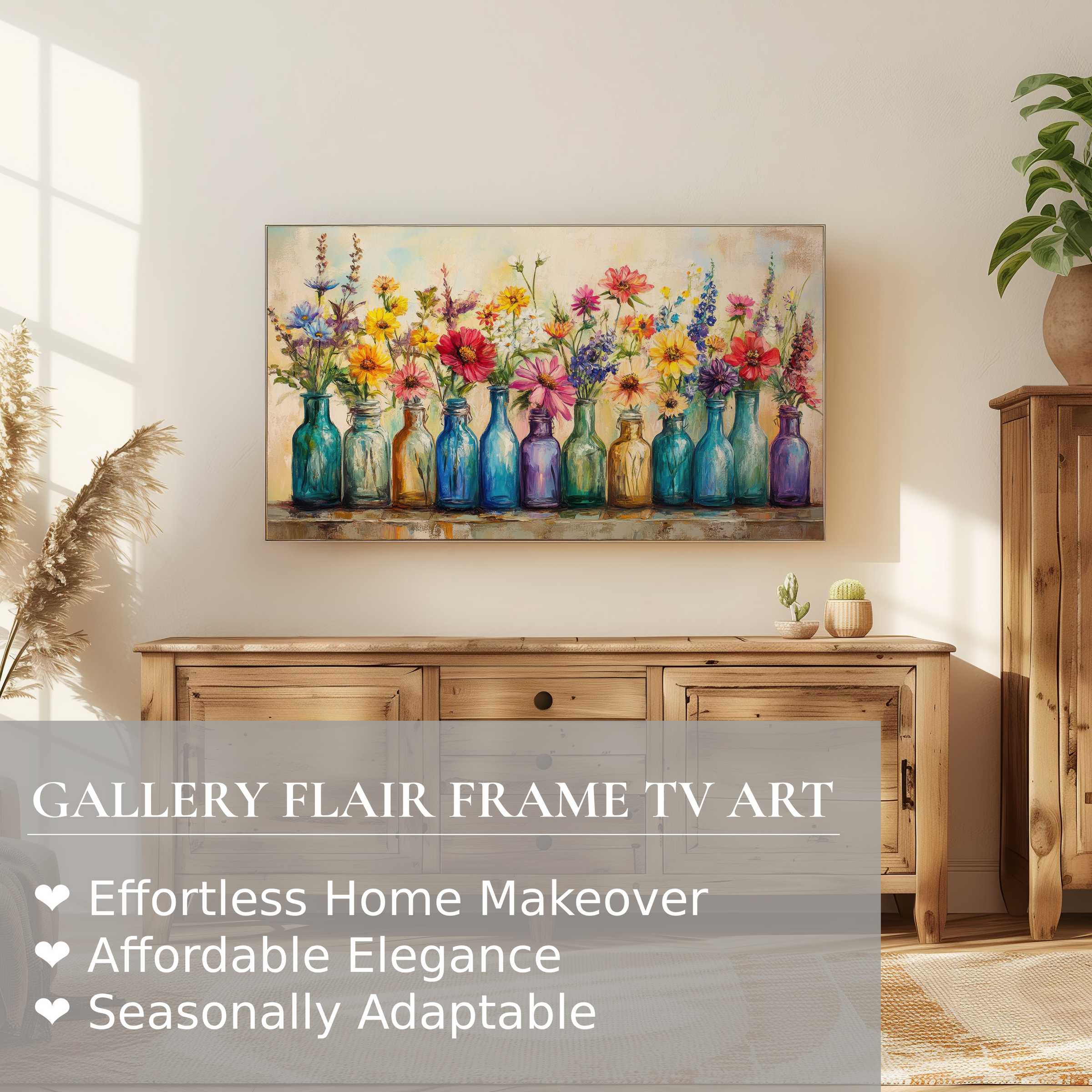 Samsung Frame TV showcasing vibrant boho digital artwork in a sunlit, elegant living room setting