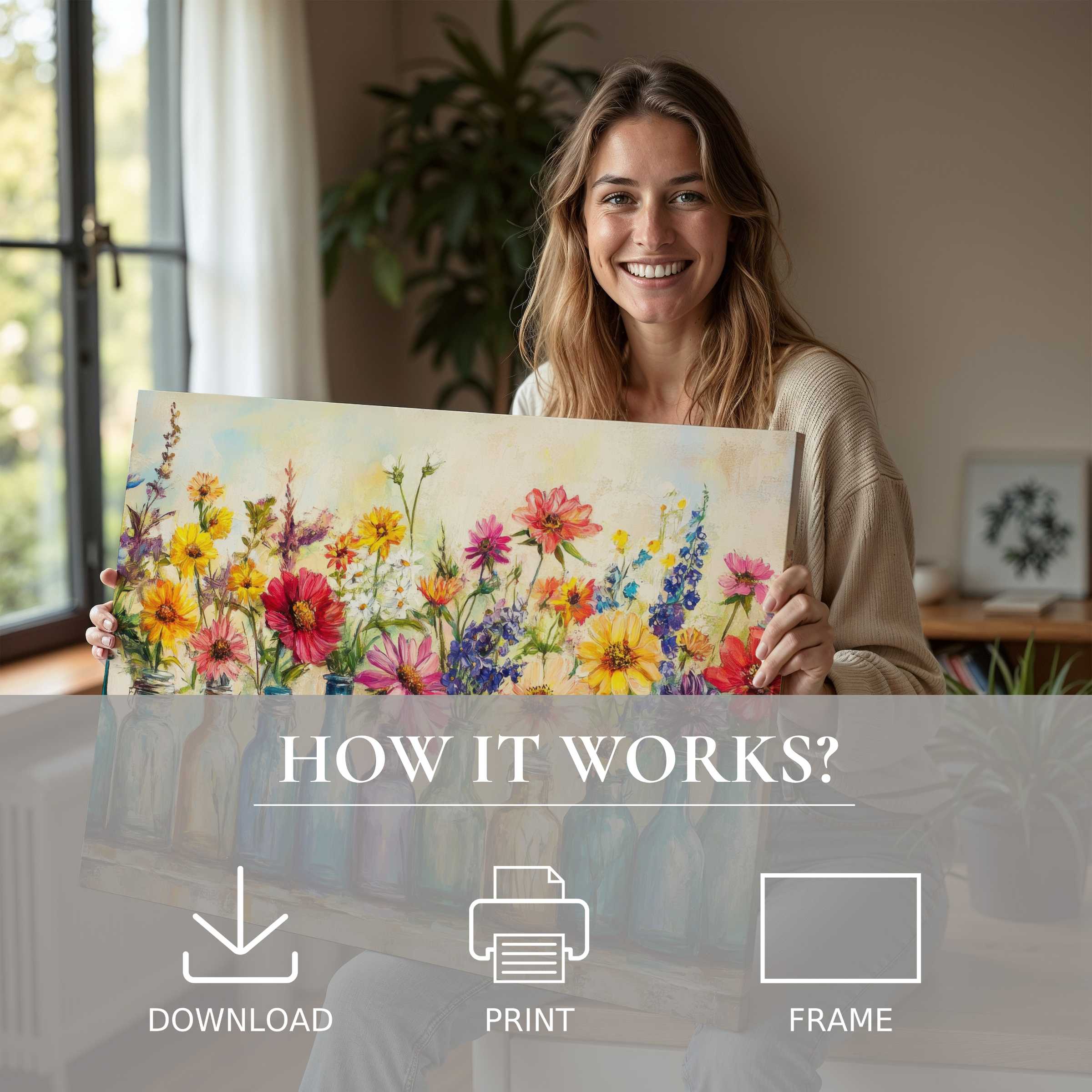 Radiant boho digital art print embraced in a modern home, evoking joyful connection and serene beauty in everyday life