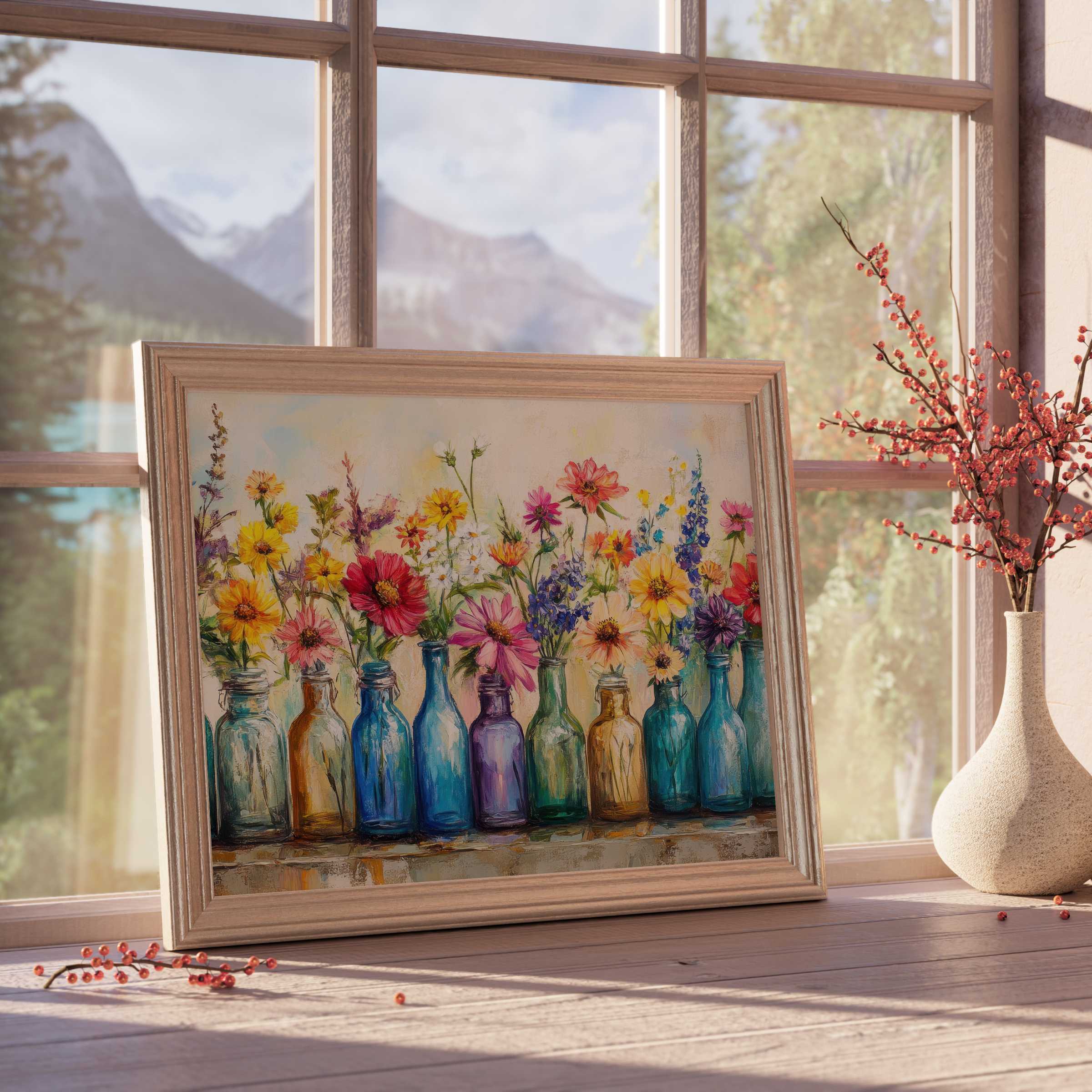 Boho downloadable art featuring vibrant wildflowers in vintage glass bottles, infusing tranquil, curated interiors with warm, natural charm