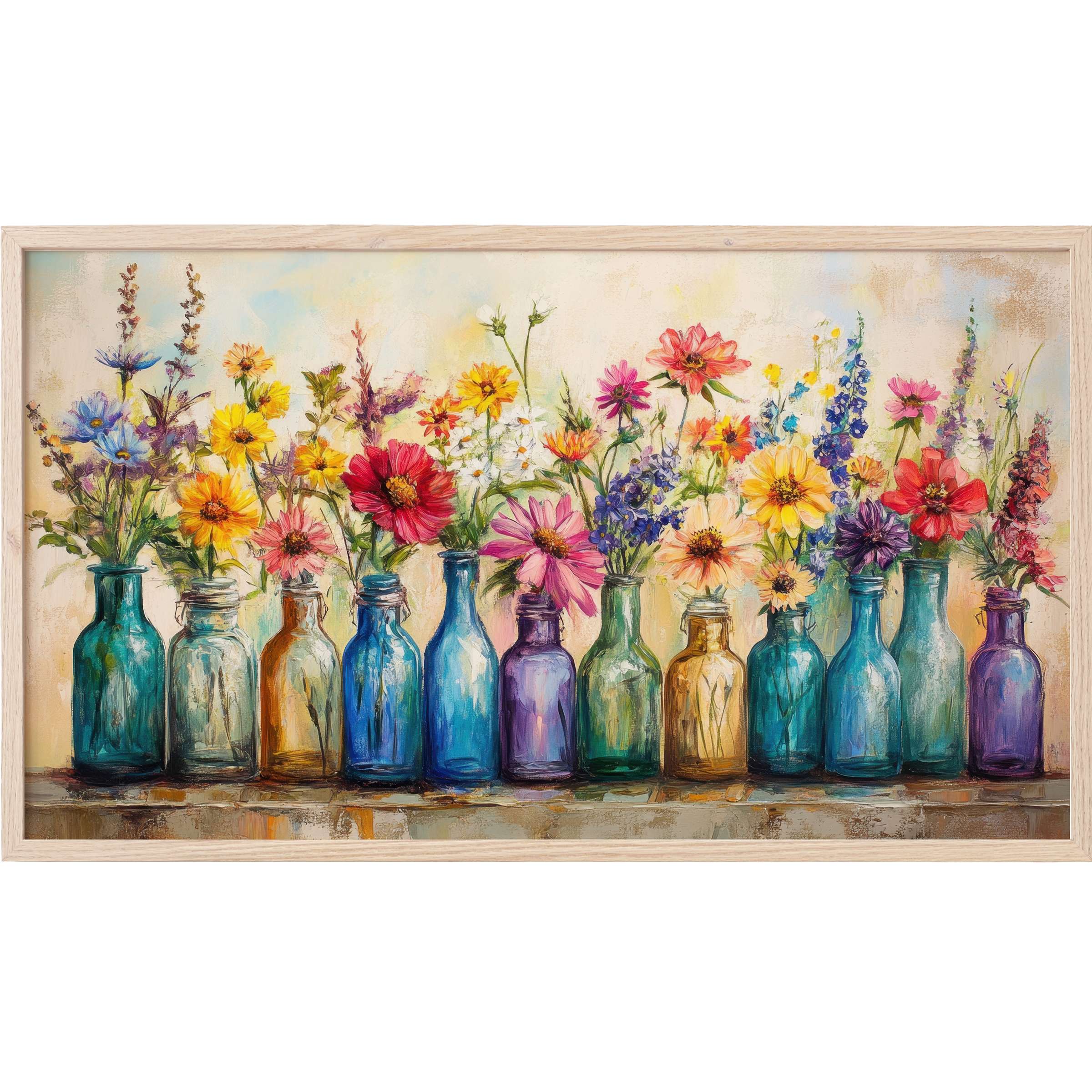 Boho Frame TV Art with vibrant wildflowers in blue, amber, and purple glass bottles, soft pastel background