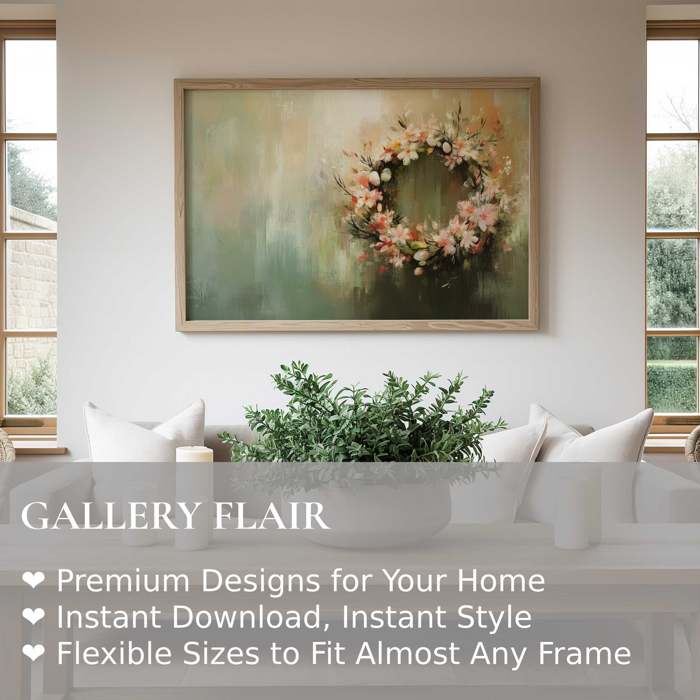 Easter wall art print featuring a soft floral wreath in muted greens and pastels, elevating serene modern living interiors