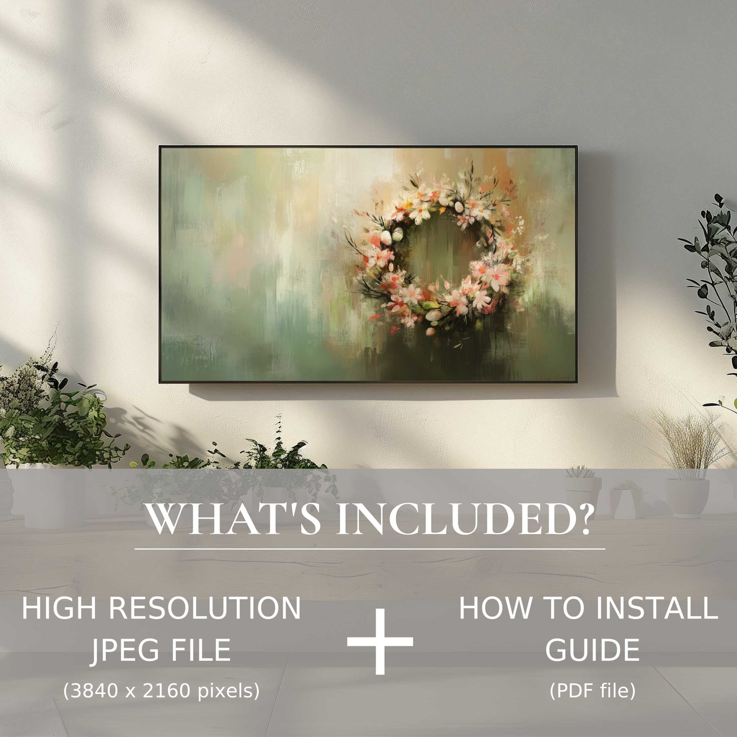 Elegant easter digital TV art download easily enhances modern living spaces with high-res floral wreath design